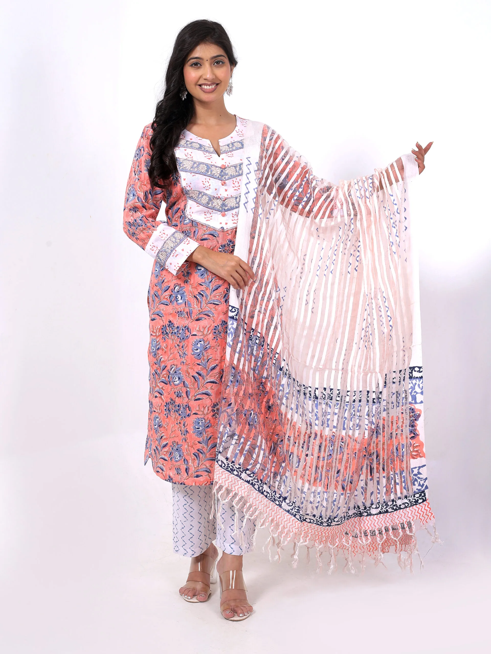 RANGRIWAZ Printed Kurta, Palazzo & Dupatta Set-Orange