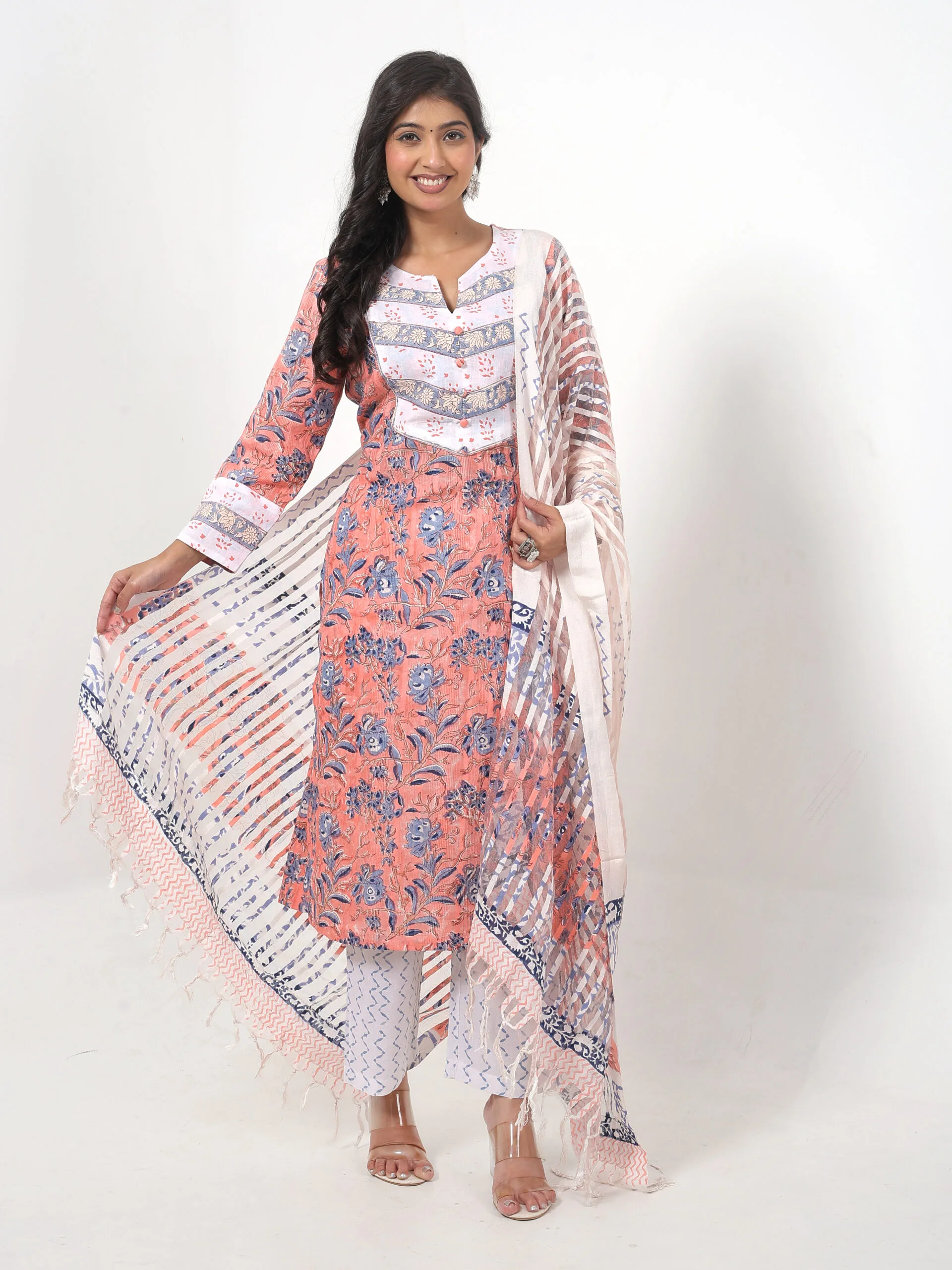 RANGRIWAZ Printed Kurta, Palazzo & Dupatta Set-Orange - Image 3