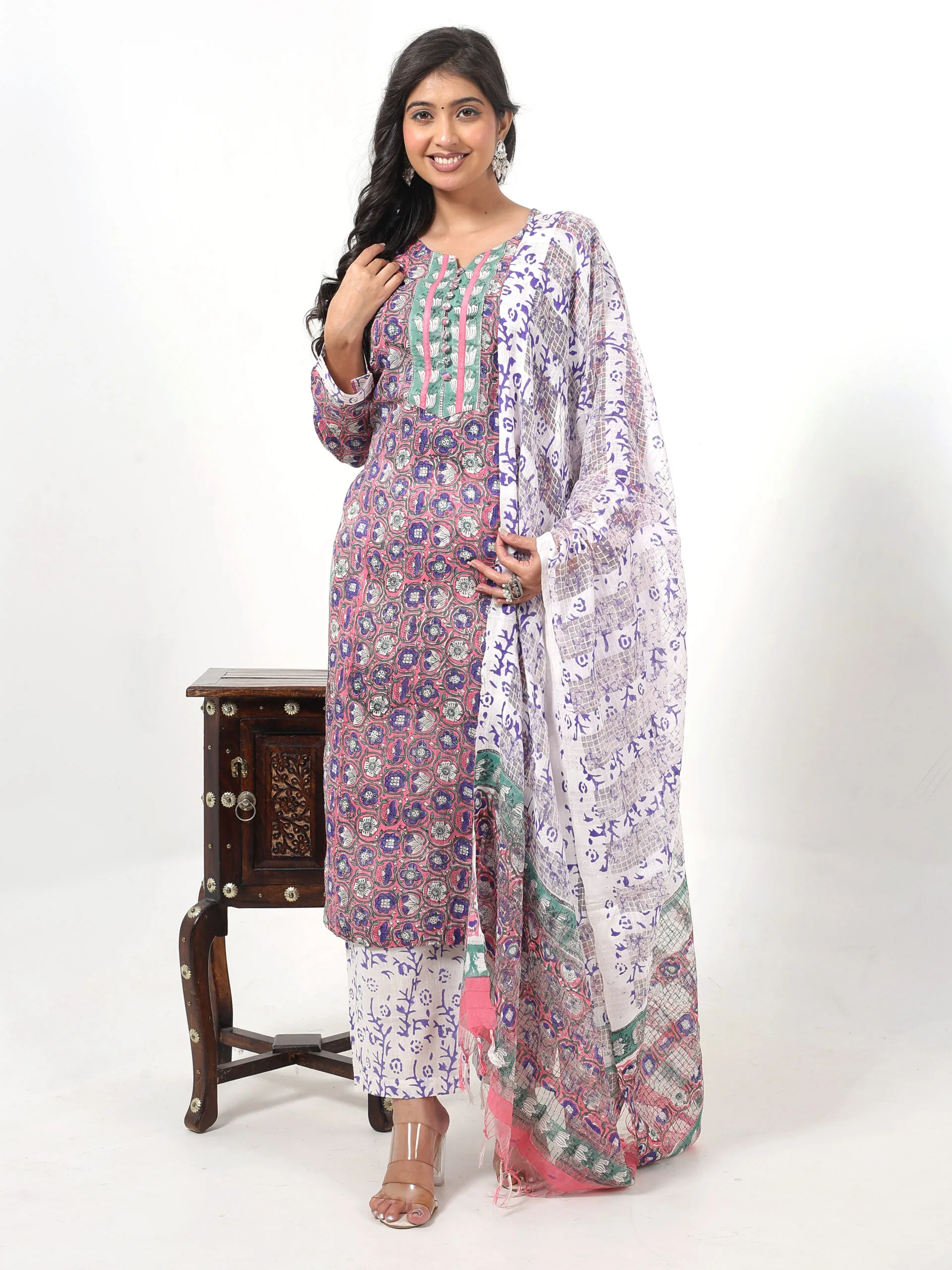 RANGRIWAZ Women Pure Cotton Kurti Pant Dupatta Set-Purple - Image 2