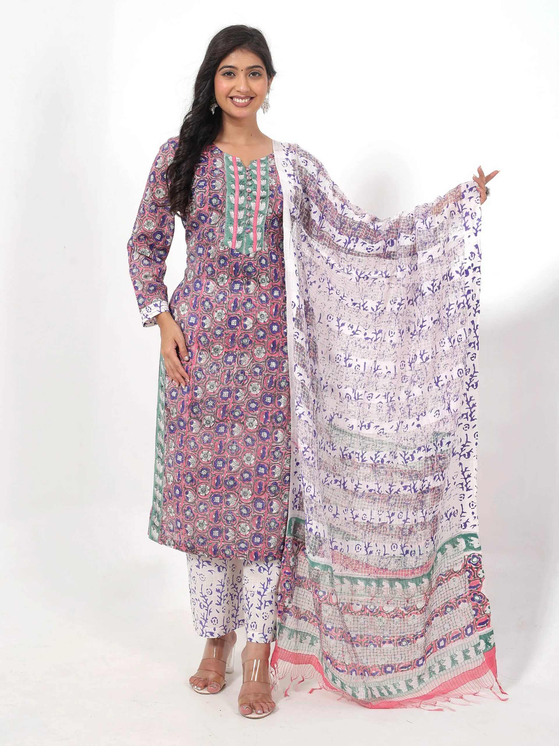 RANGRIWAZ Women Pure Cotton Kurti Pant Dupatta Set-Purple