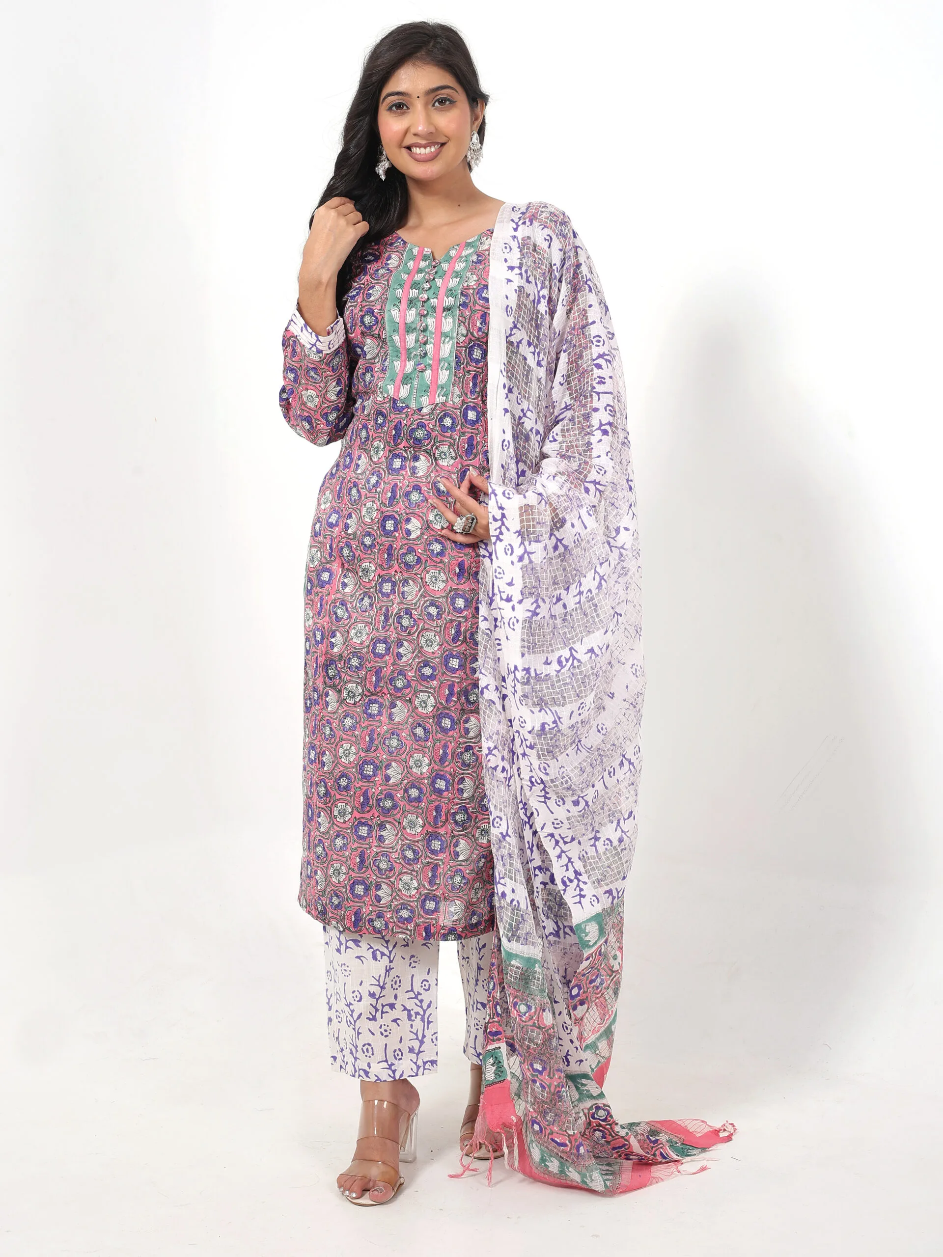 RANGRIWAZ Women Pure Cotton Kurti Pant Dupatta Set-Purple - Image 4