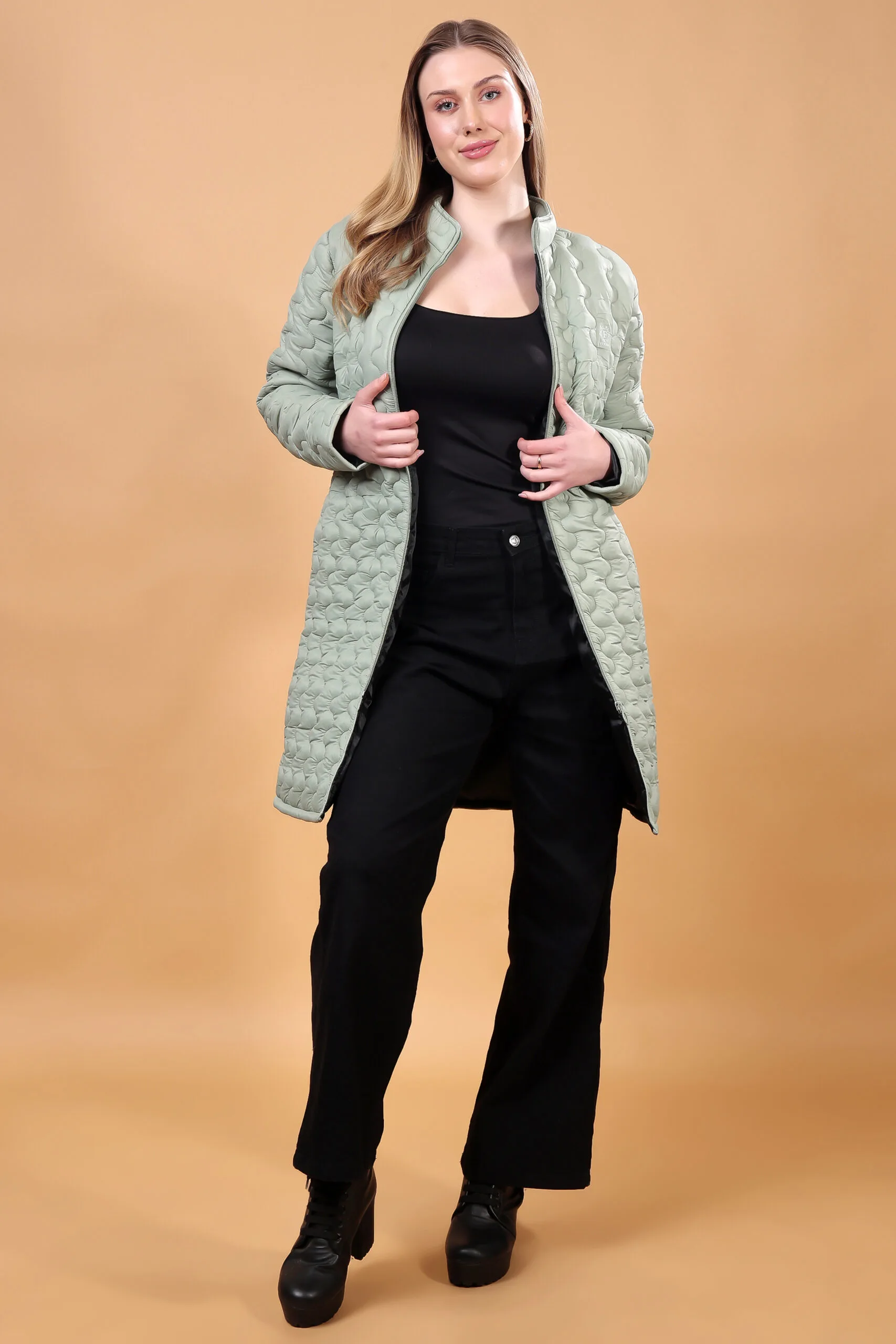 Feyona Polyester Self Design padded Thigh long Jacket for Women-Grey - Image 2