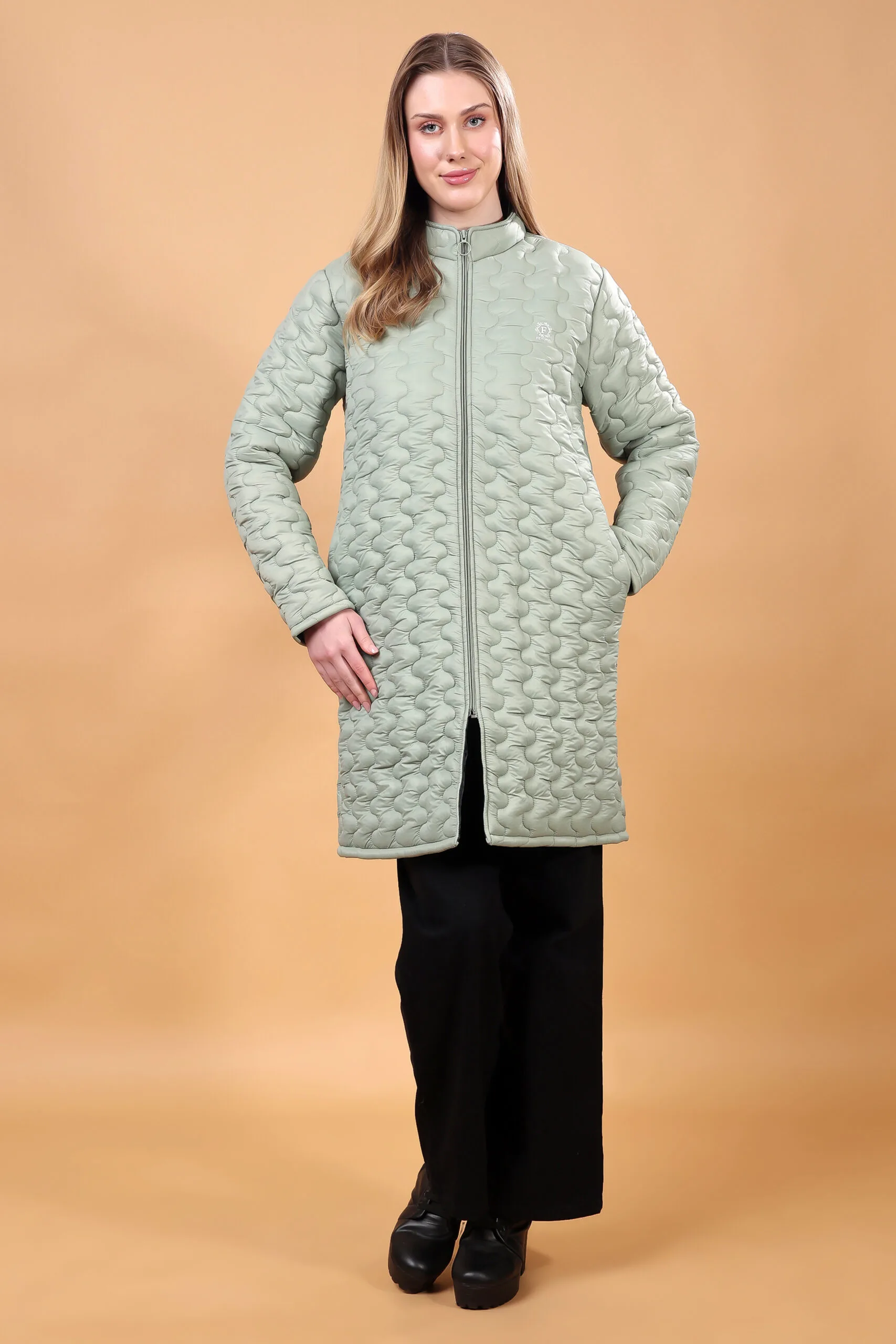Feyona Polyester Self Design padded Thigh long Jacket for Women-Grey - Image 3