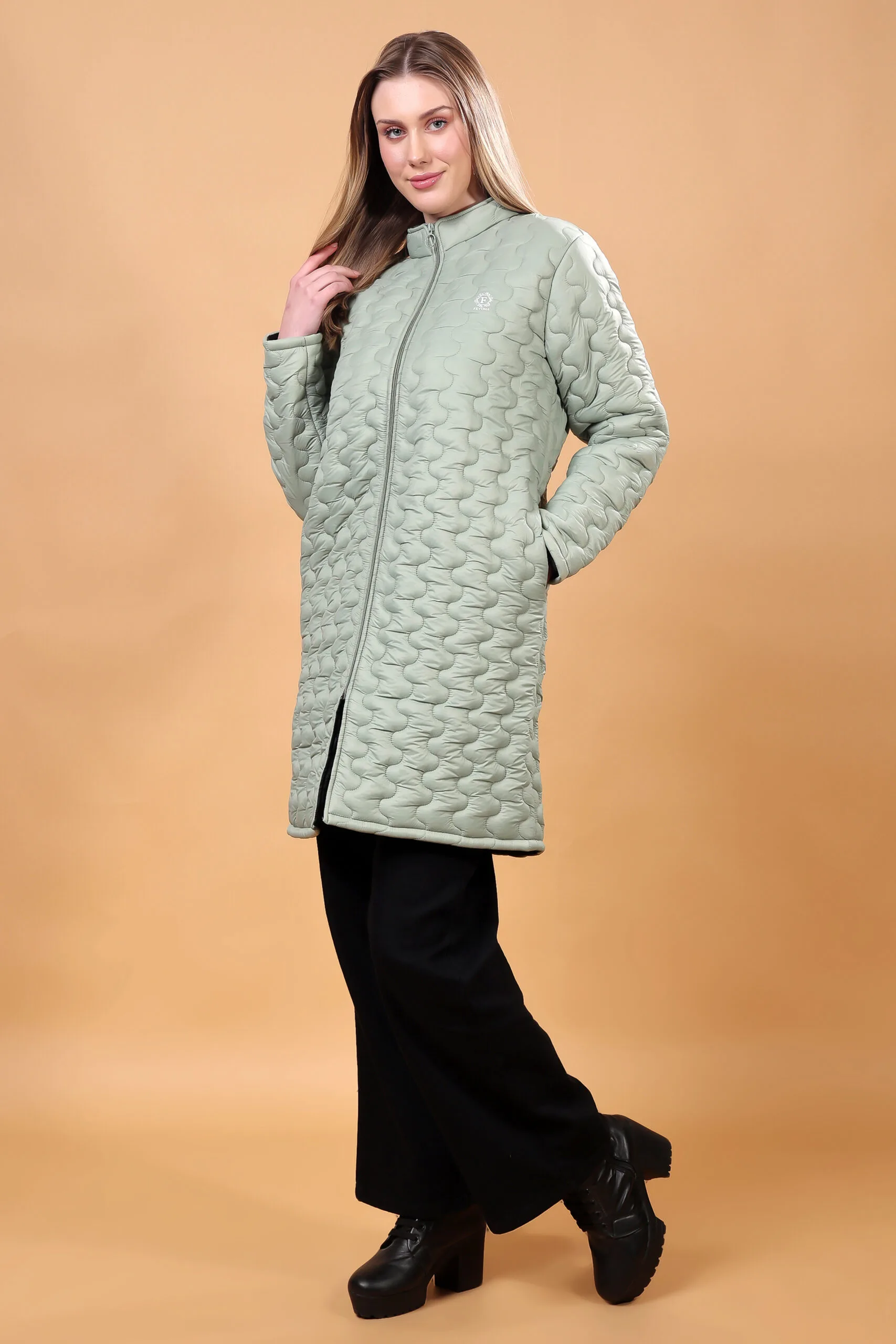 Feyona Polyester Self Design padded Thigh long Jacket for Women-Grey - Image 4