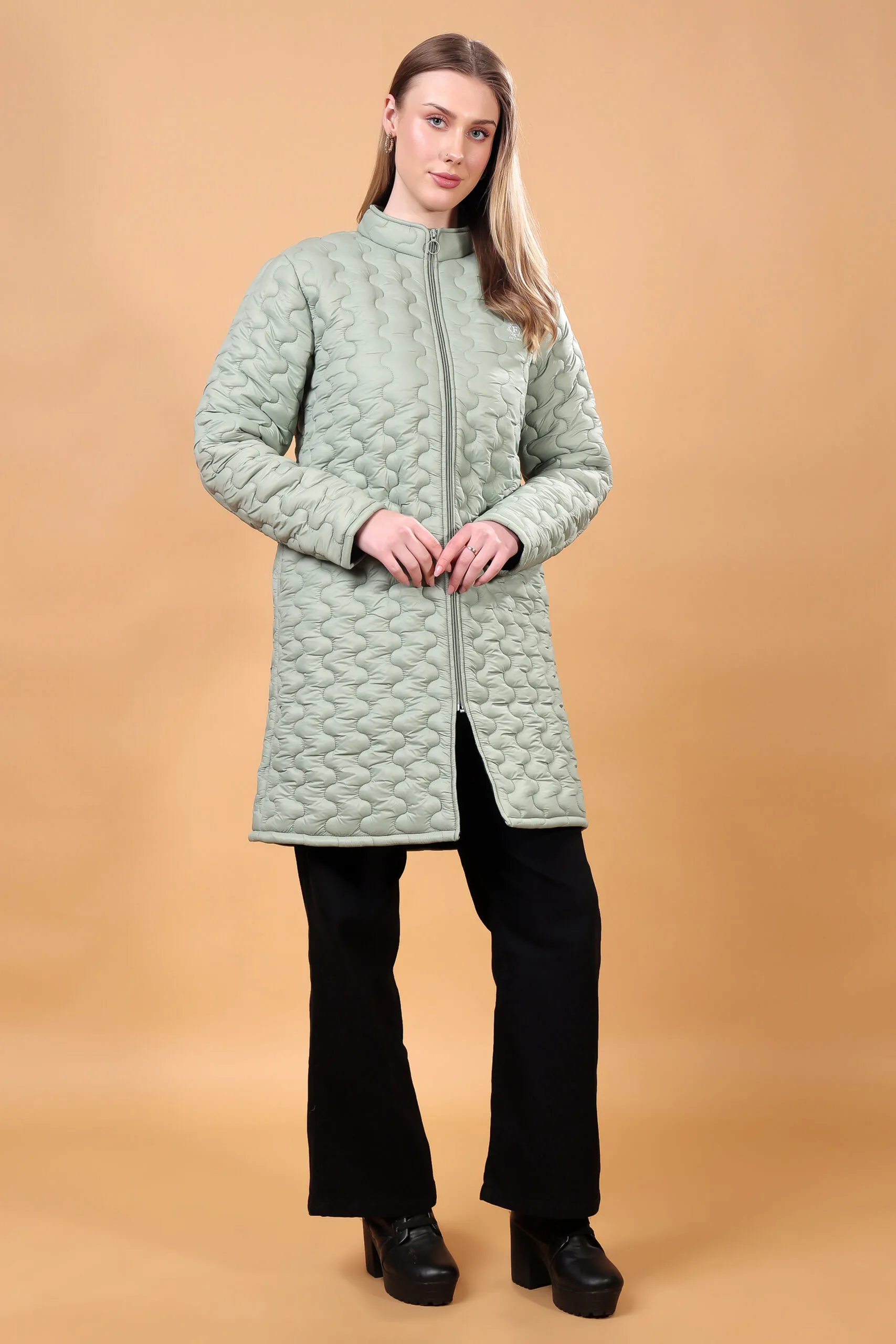 Feyona Polyester Self Design padded Thigh long Jacket for Women-Grey - Image 5