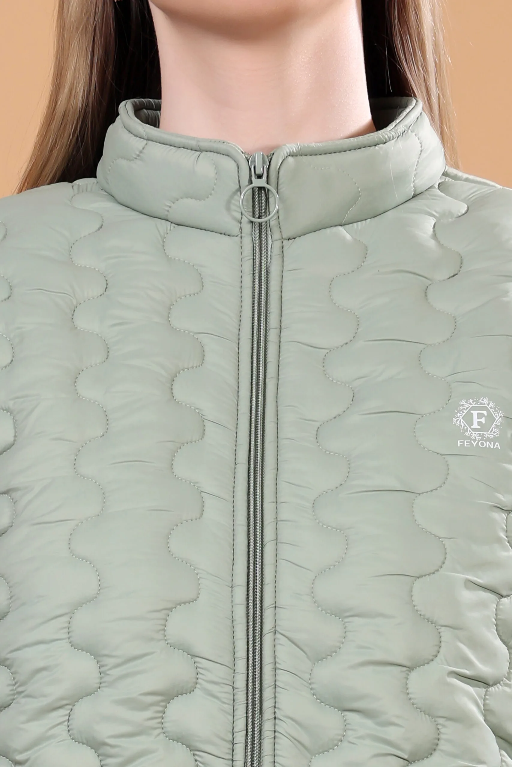 Feyona Polyester Self Design padded Thigh long Jacket for Women-Grey - Image 6