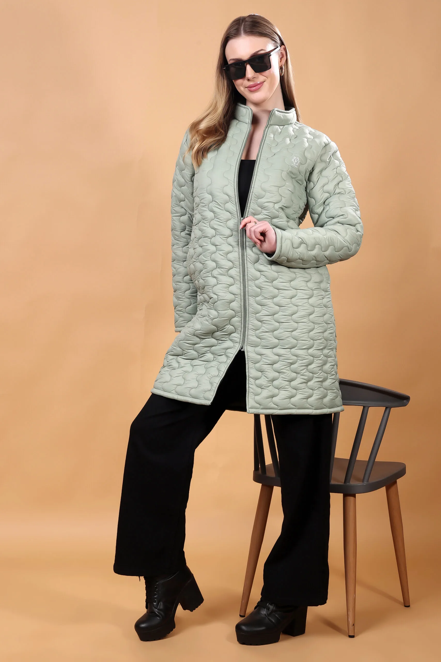 Feyona Polyester Self Design padded Thigh long Jacket for Women-Grey - Image 9