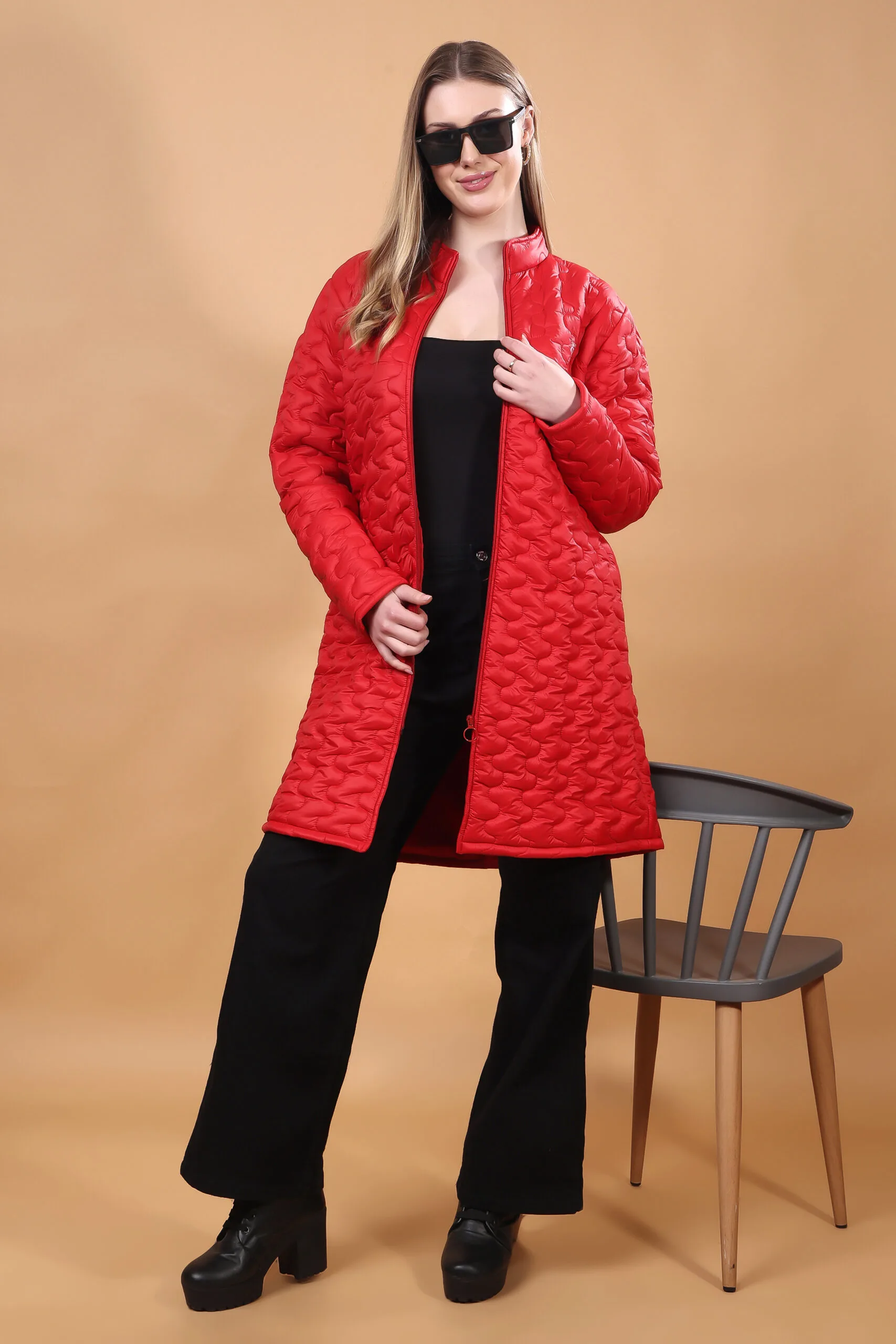 Feyona Polyester Self Design padded Thigh long Jacket for Women-Red - Image 2
