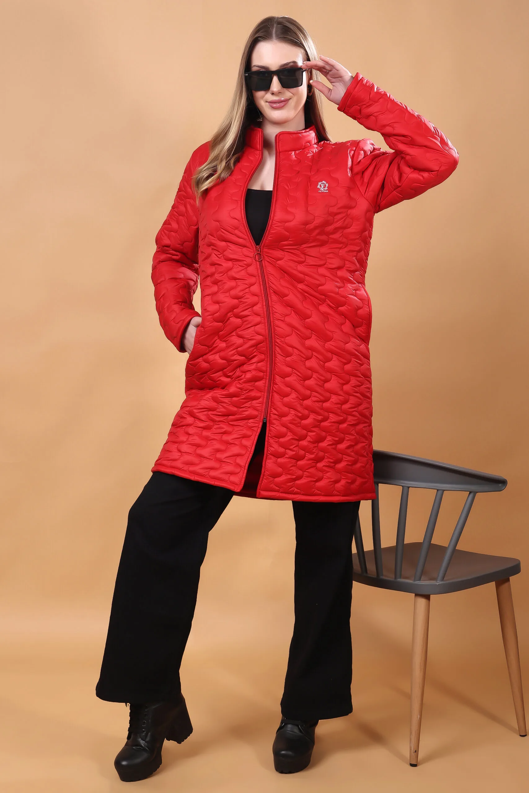 Feyona Polyester Self Design padded Thigh long Jacket for Women-Red - Image 3