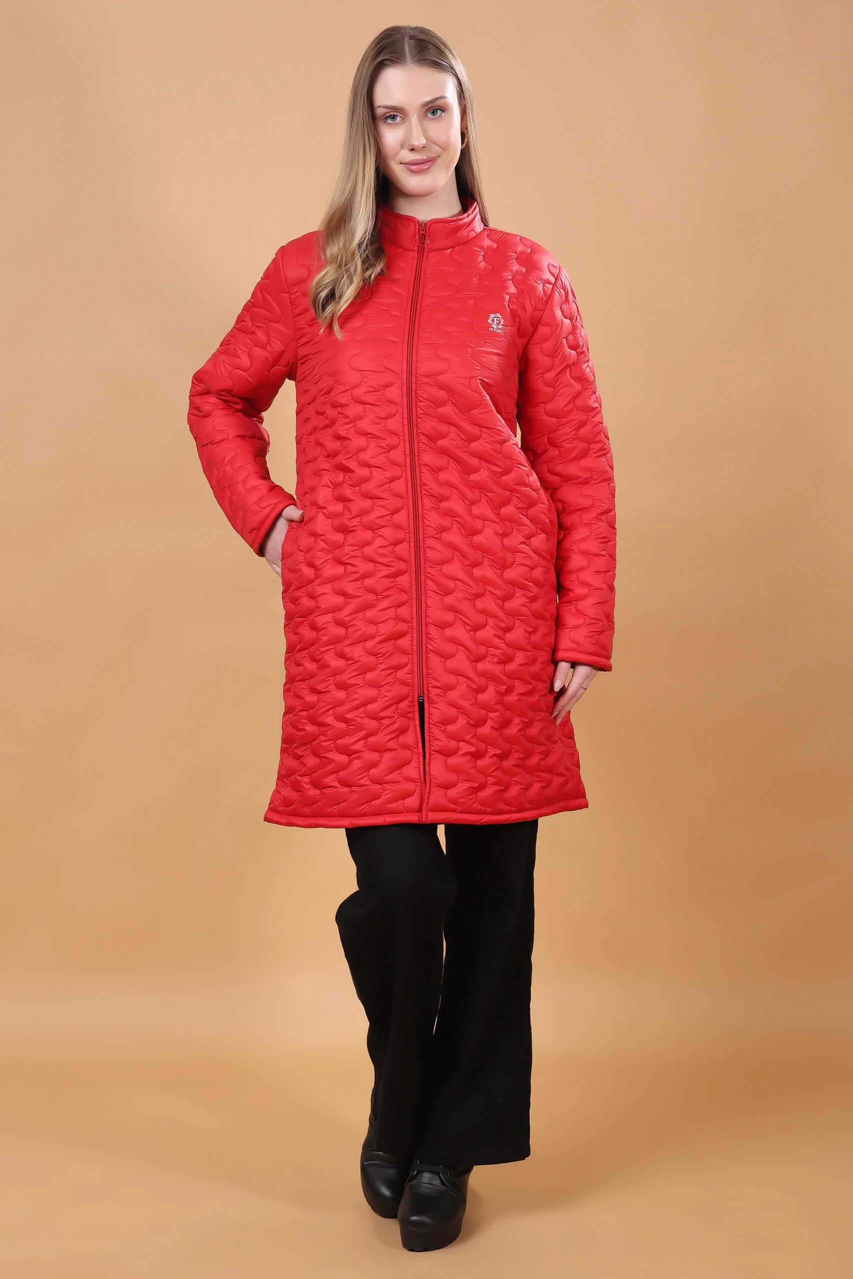 Feyona Polyester Self Design padded Thigh long Jacket for Women-Red - Image 4