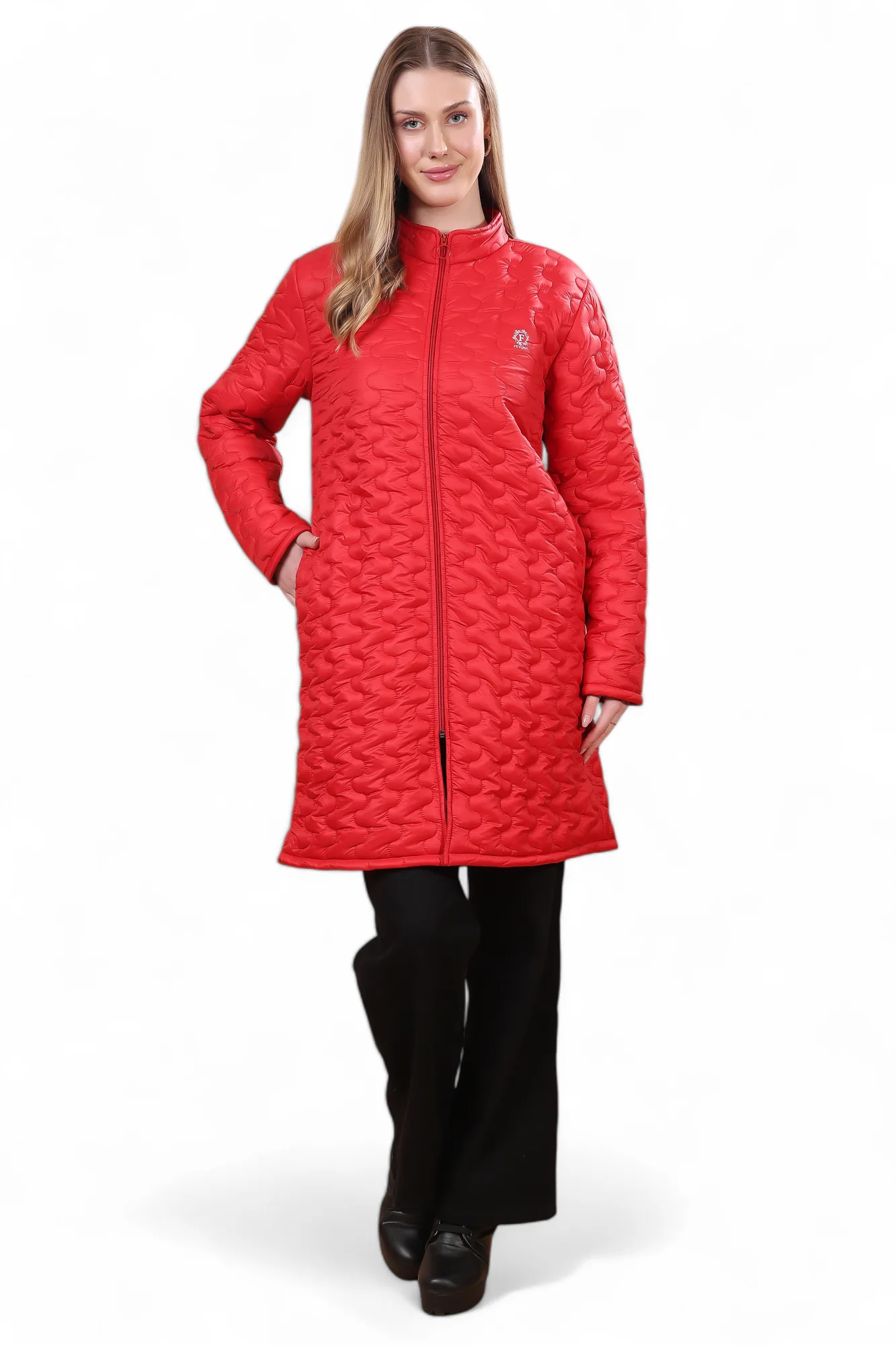 Feyona Polyester Self Design padded Thigh long Jacket for Women-Red