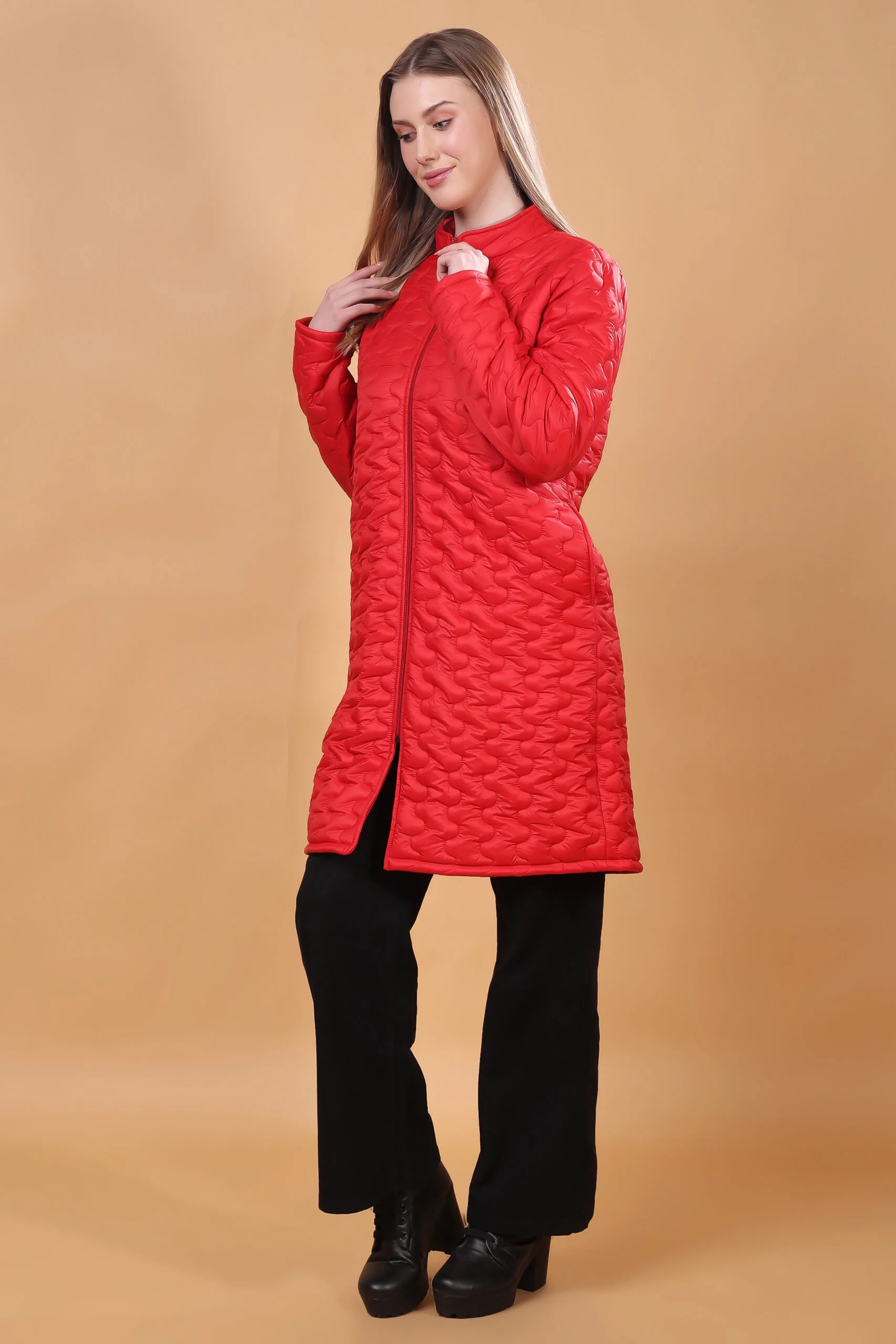 Feyona Polyester Self Design padded Thigh long Jacket for Women-Red - Image 5