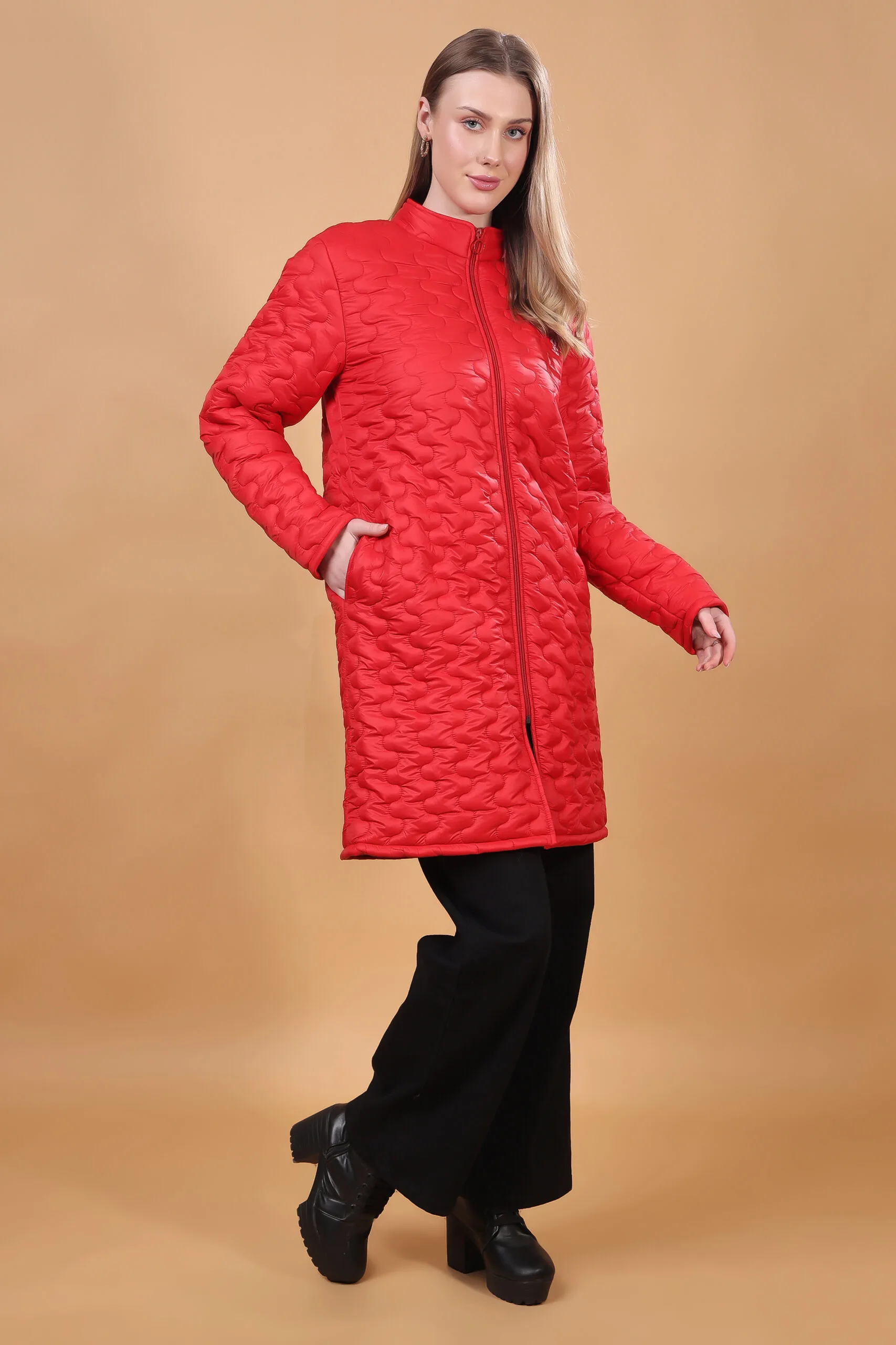 Feyona Polyester Self Design padded Thigh long Jacket for Women-Red - Image 6