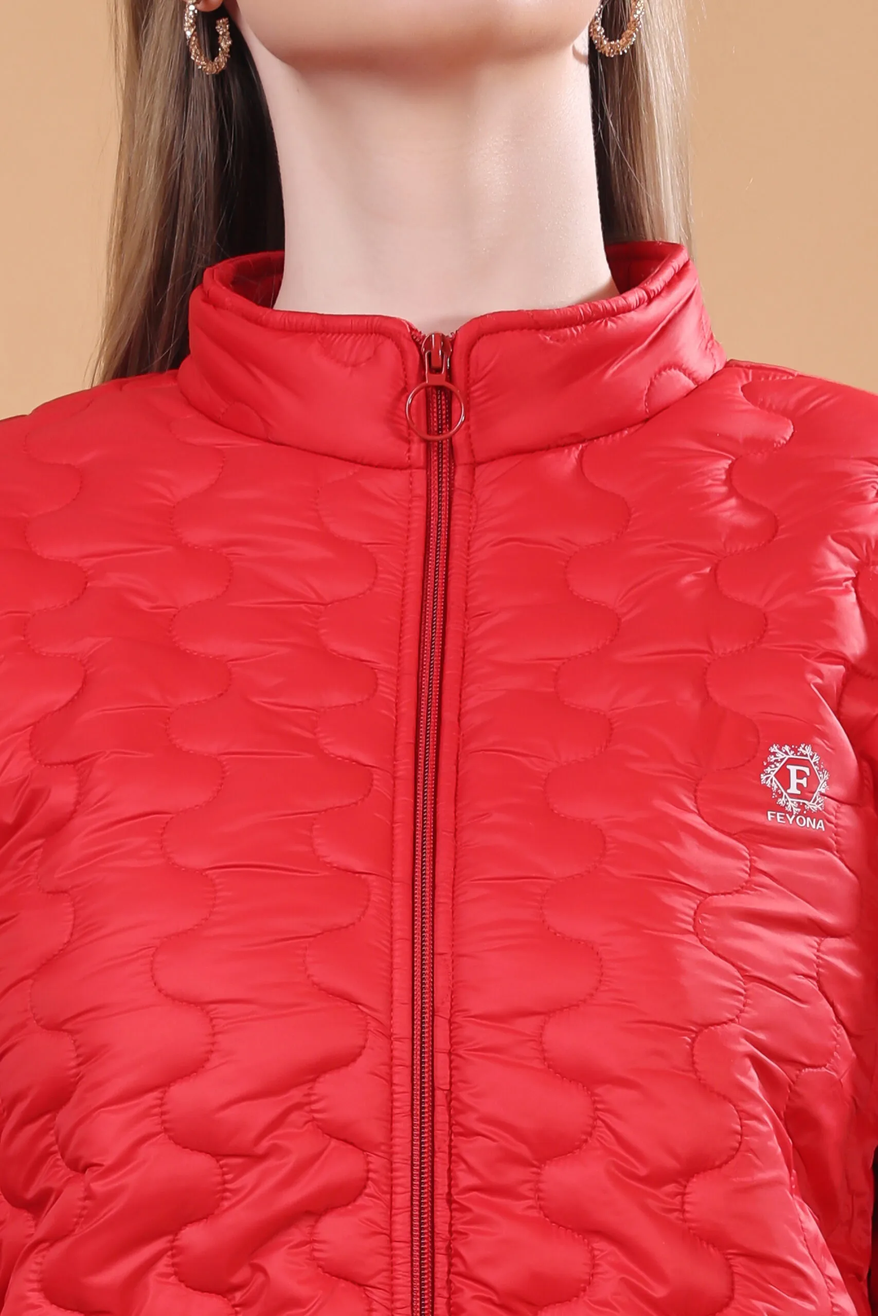 Feyona Polyester Self Design padded Thigh long Jacket for Women-Red - Image 7