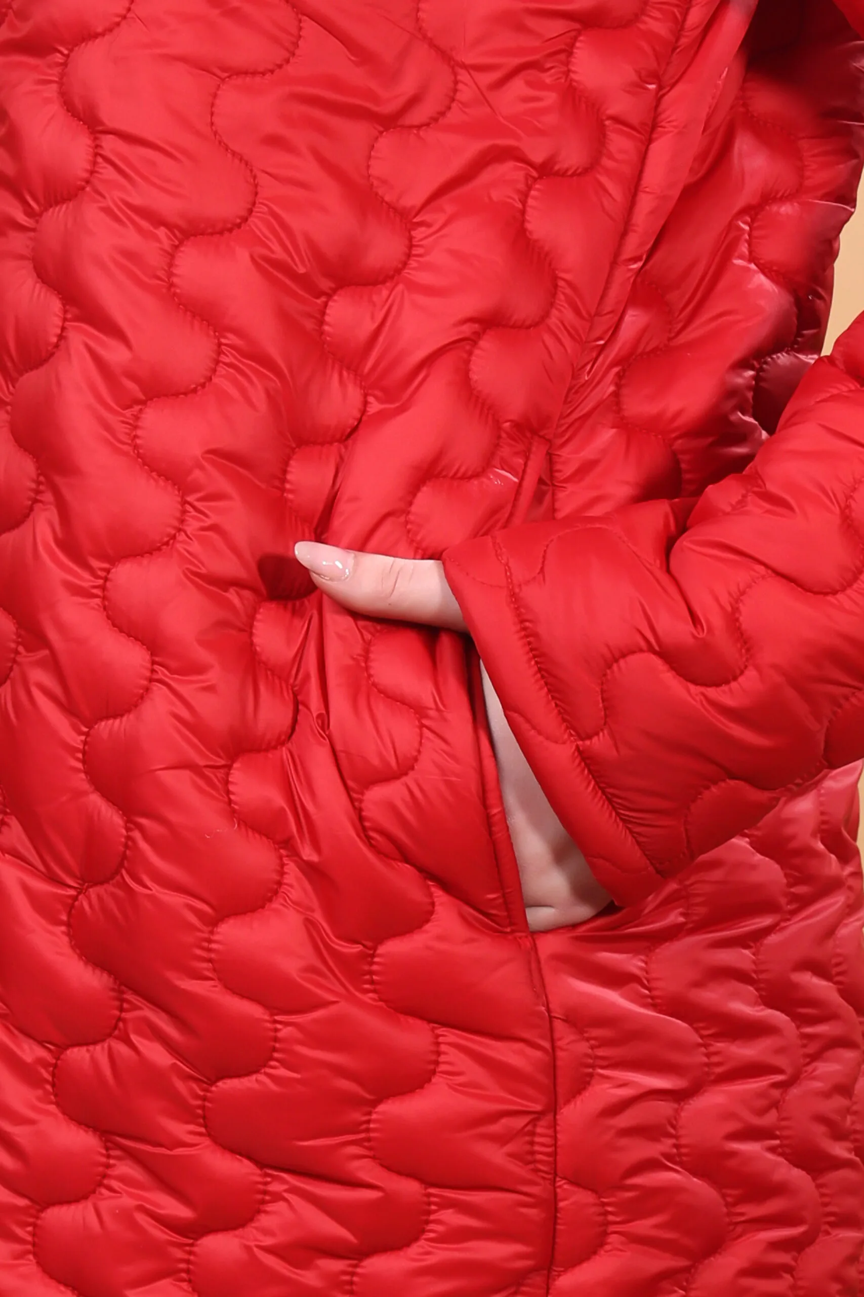 Feyona Polyester Self Design padded Thigh long Jacket for Women-Red - Image 8