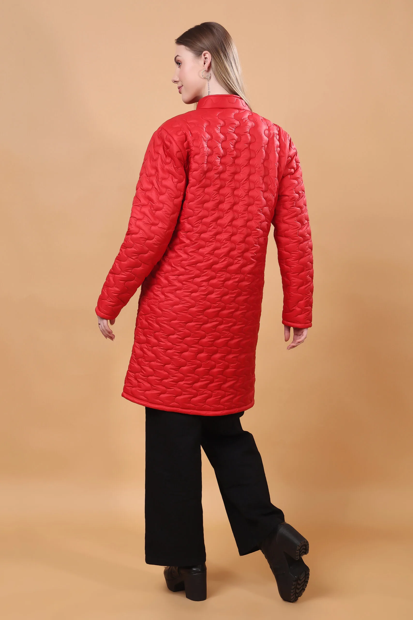 Feyona Polyester Self Design padded Thigh long Jacket for Women-Red - Image 9