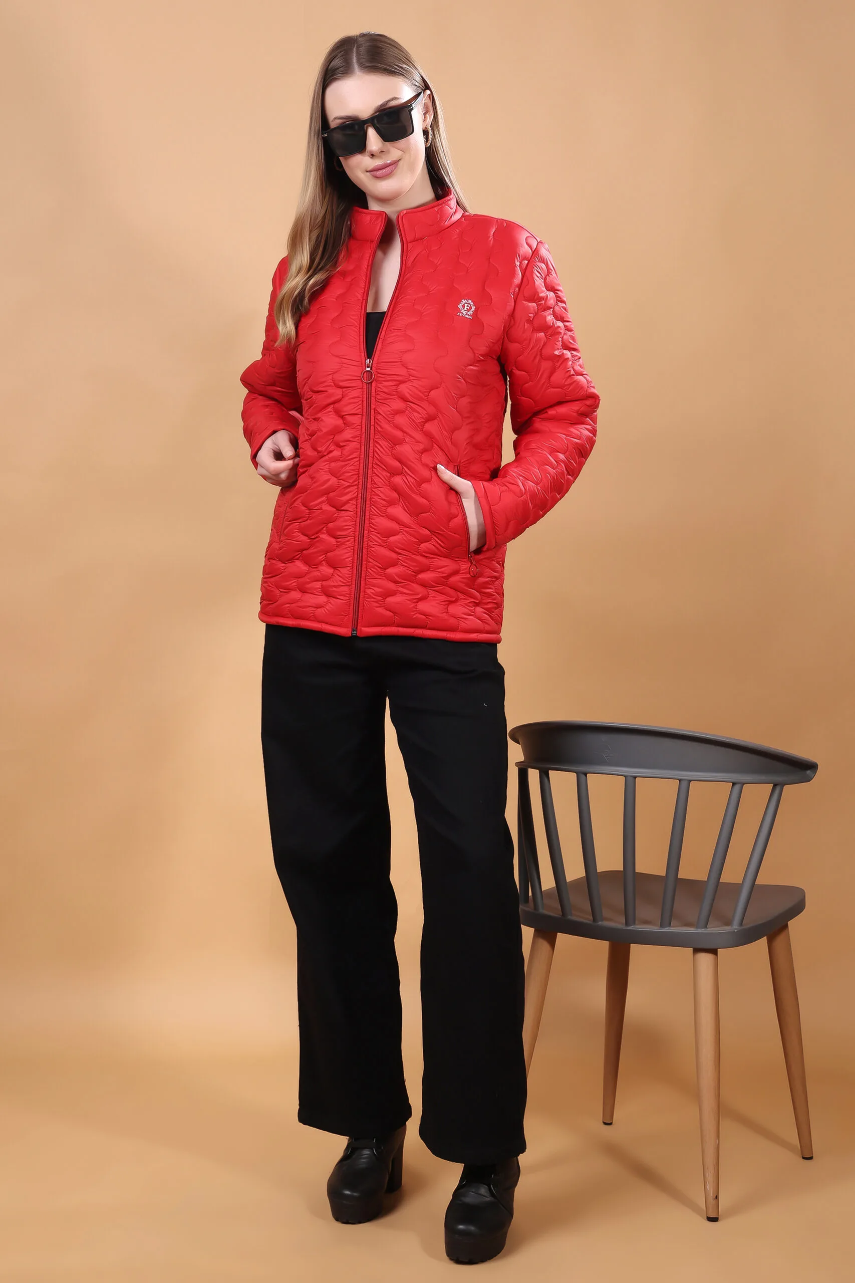 Feyona Full Sleeve Self Design Short Jacket for Women Red - Image 3