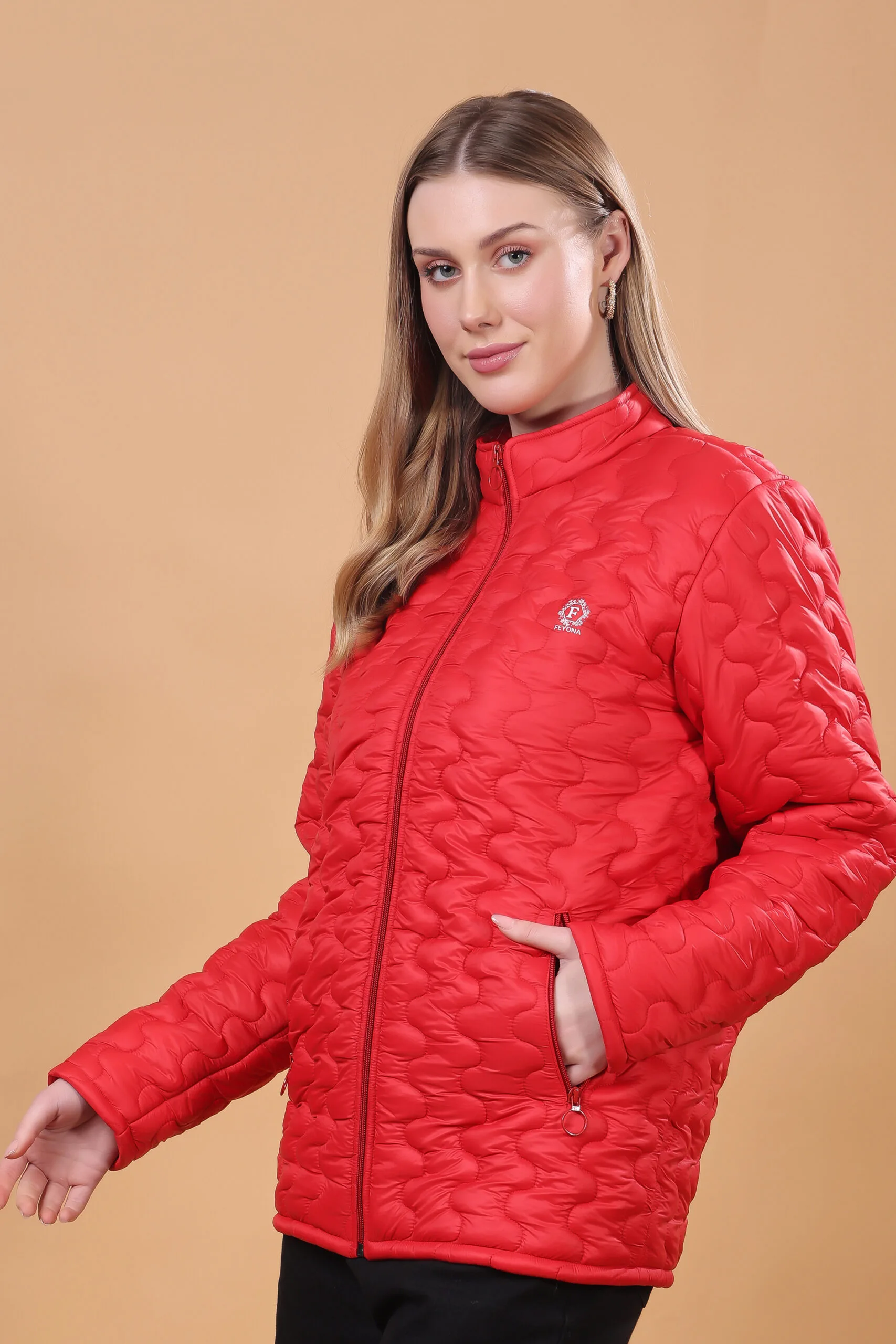 Feyona Full Sleeve Self Design Short Jacket for Women Red - Image 4