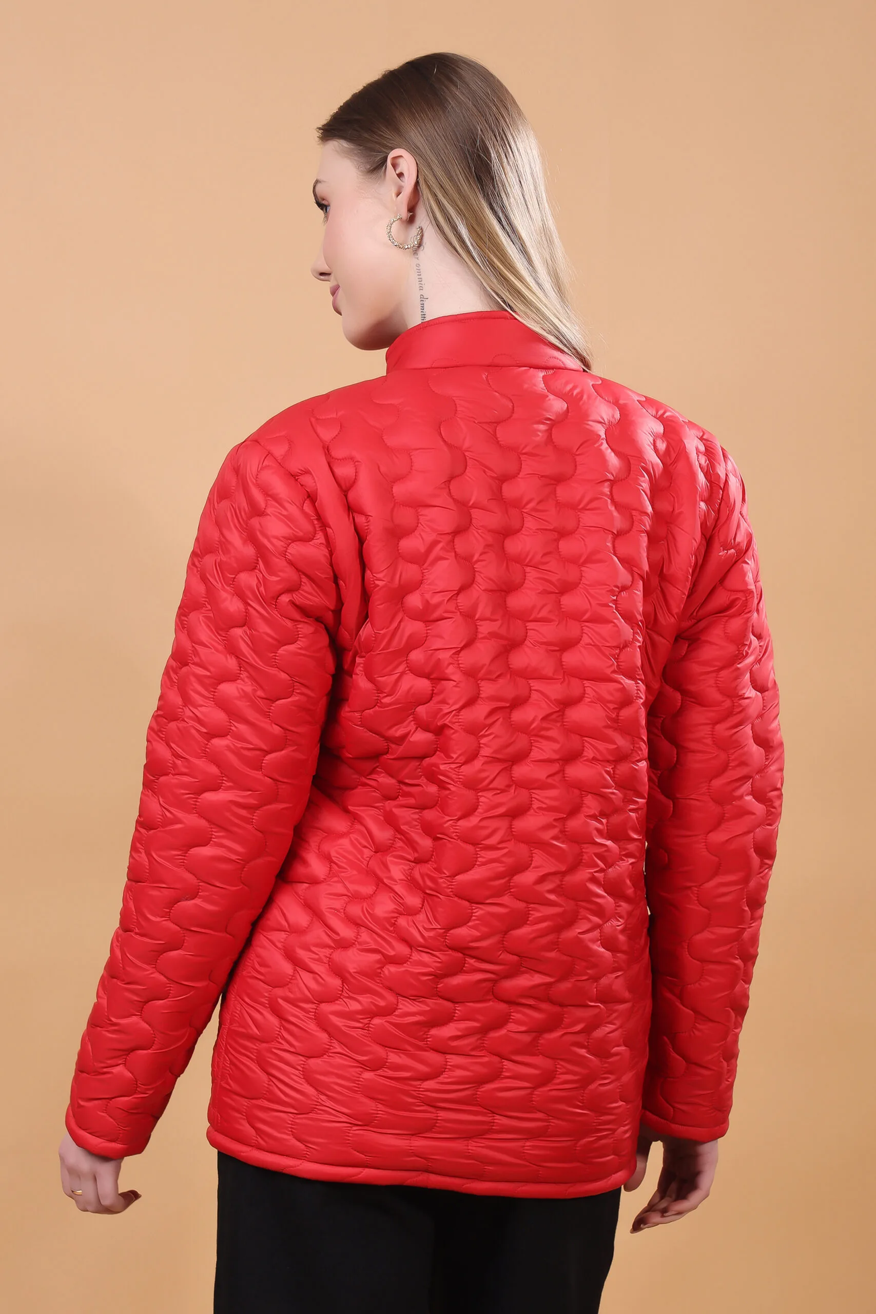 Feyona Full Sleeve Self Design Short Jacket for Women Red - Image 7