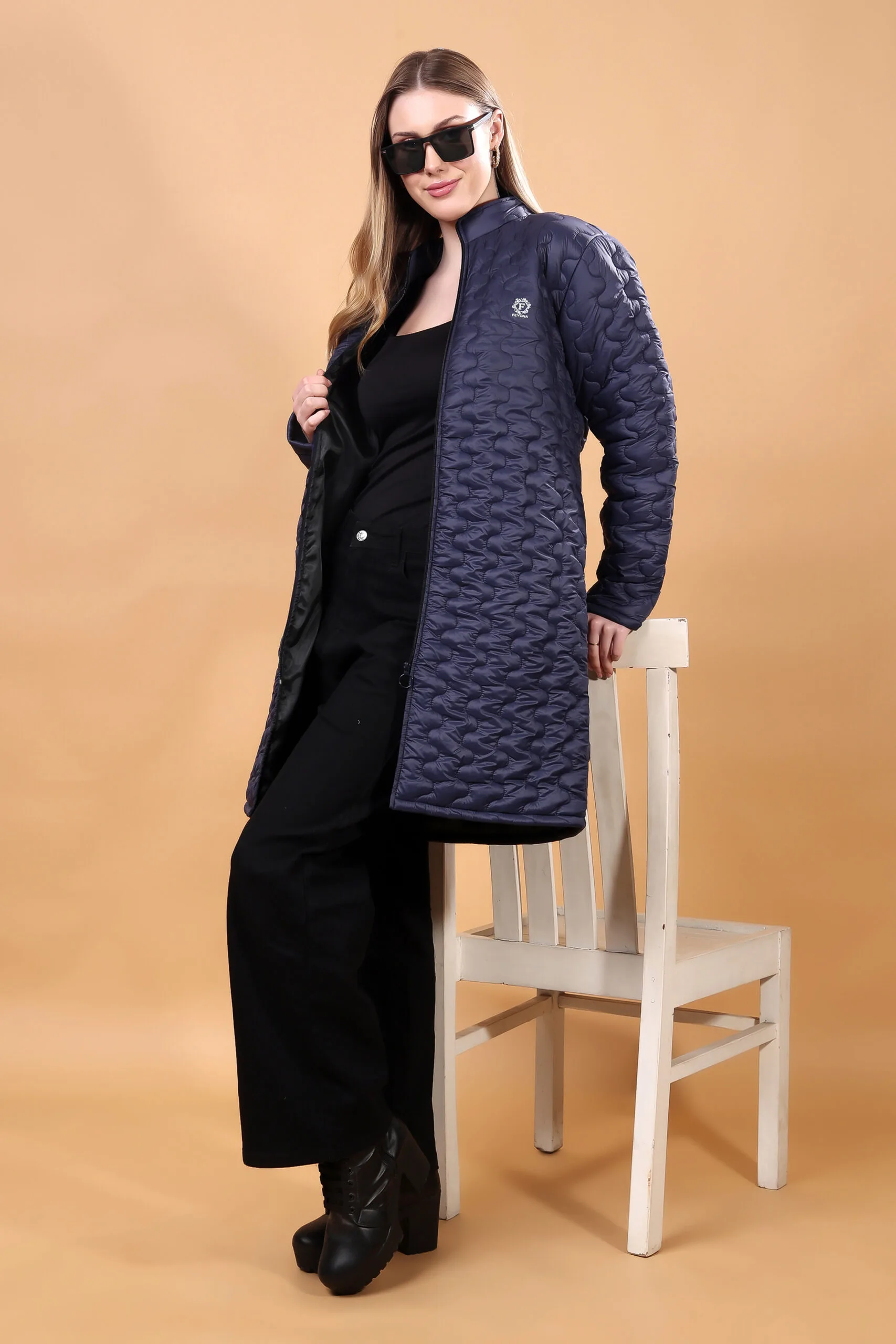 Feyona Polyester Self Design padded Thigh long, zipper Jacket for Women-Blue - Image 2