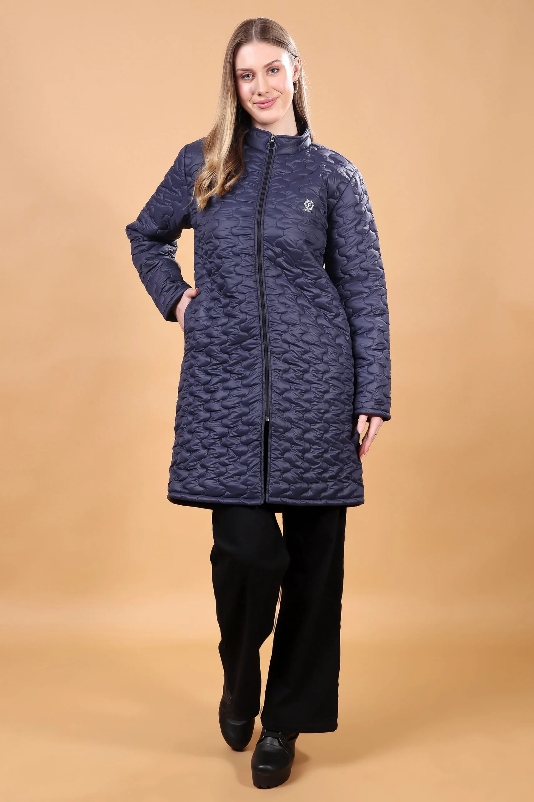 Feyona Polyester Self Design padded Thigh long, zipper Jacket for Women-Blue - Image 4
