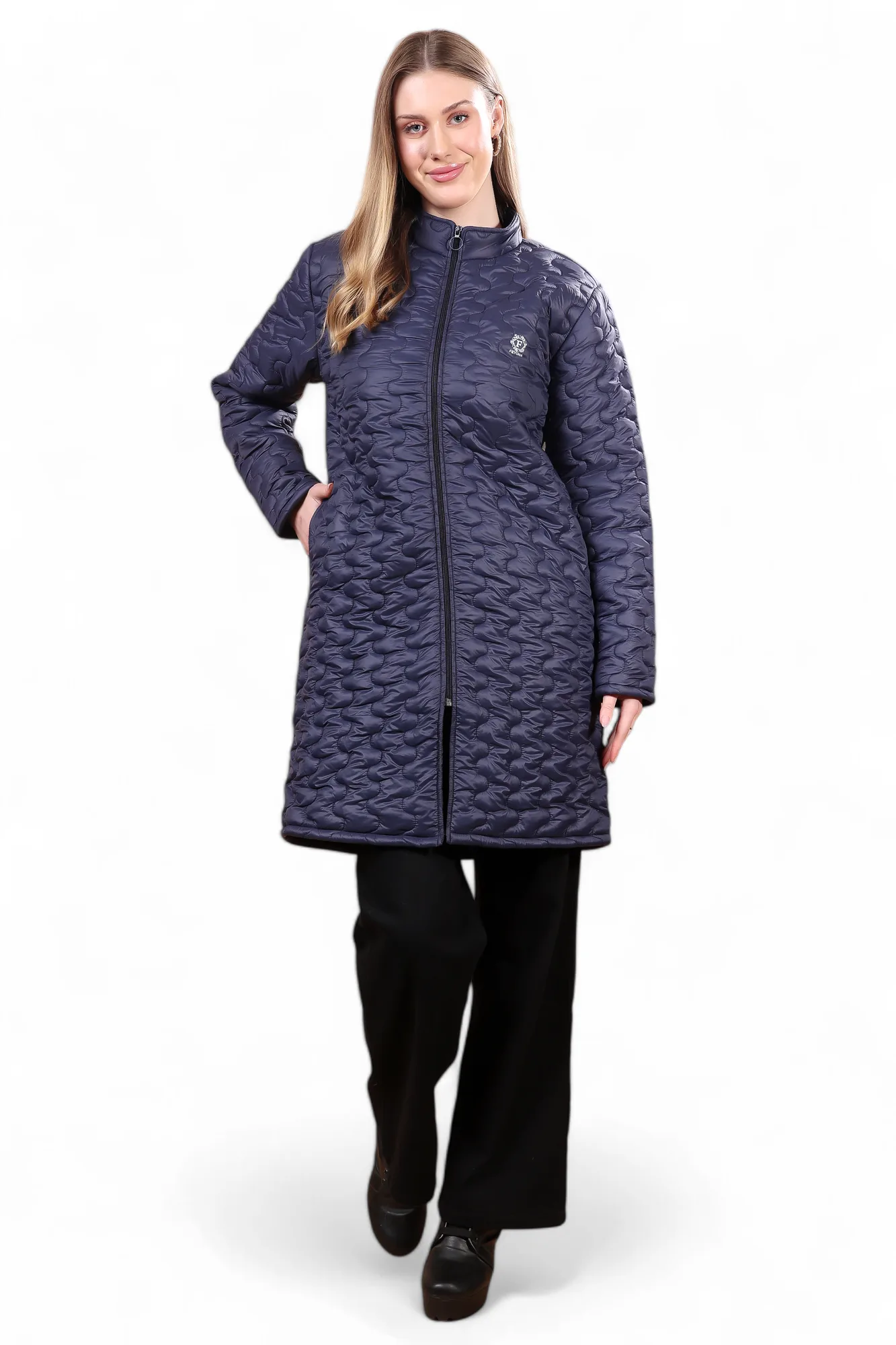 Feyona Polyester Self Design padded Thigh long, zipper Jacket for Women-Blue