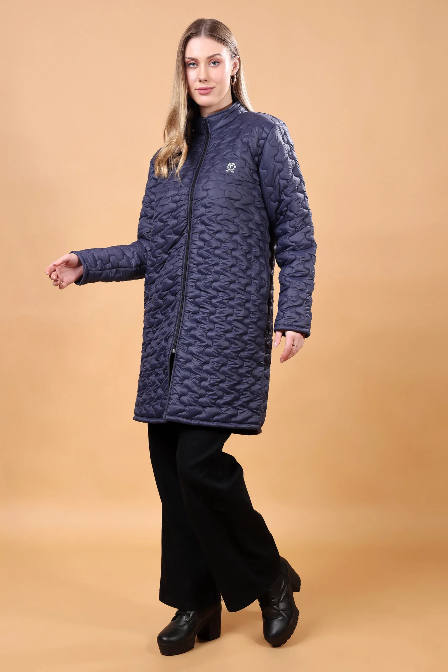 Feyona Polyester Self Design padded Thigh long, zipper Jacket for Women-Blue - Image 5