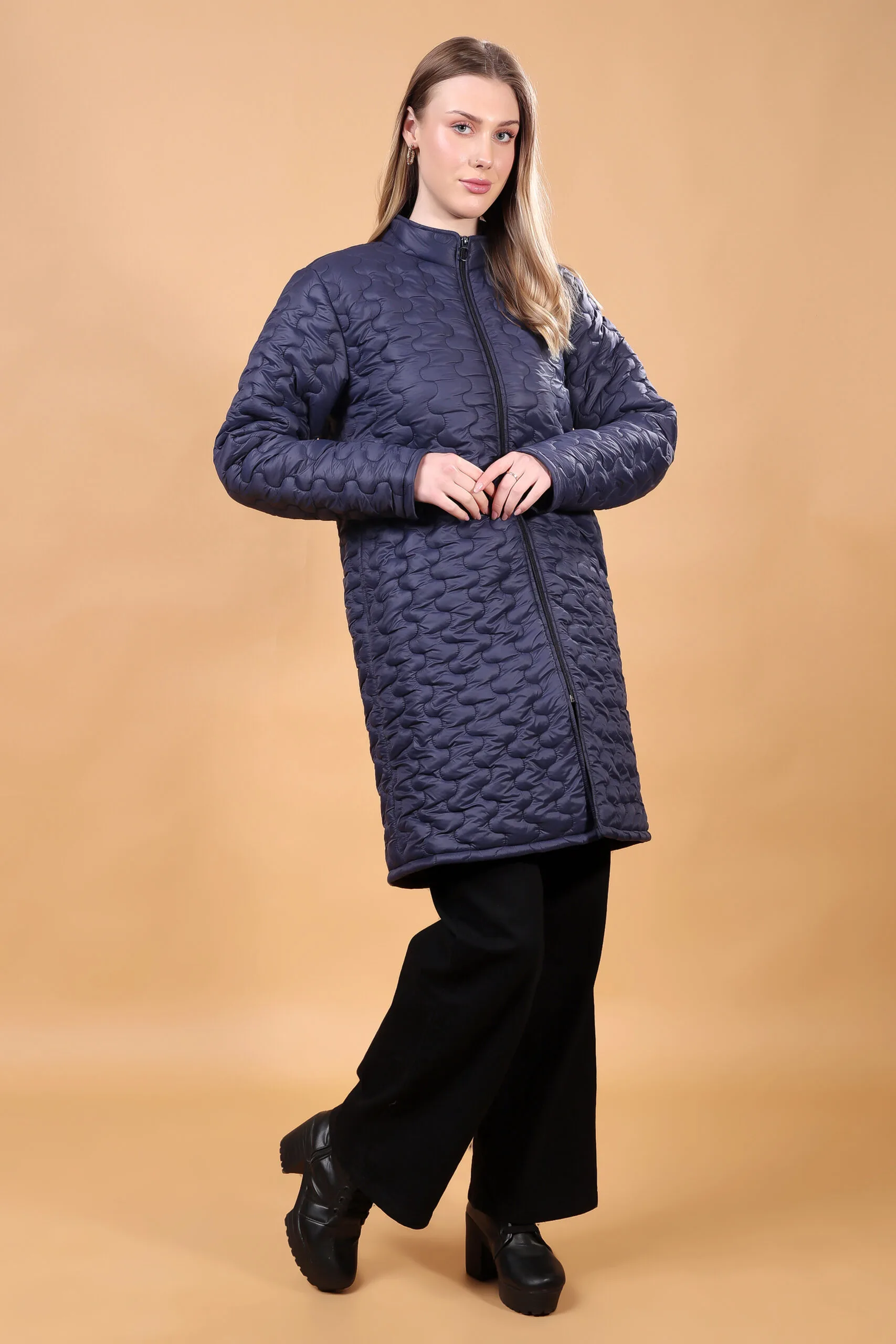 Feyona Polyester Self Design padded Thigh long, zipper Jacket for Women-Blue - Image 6