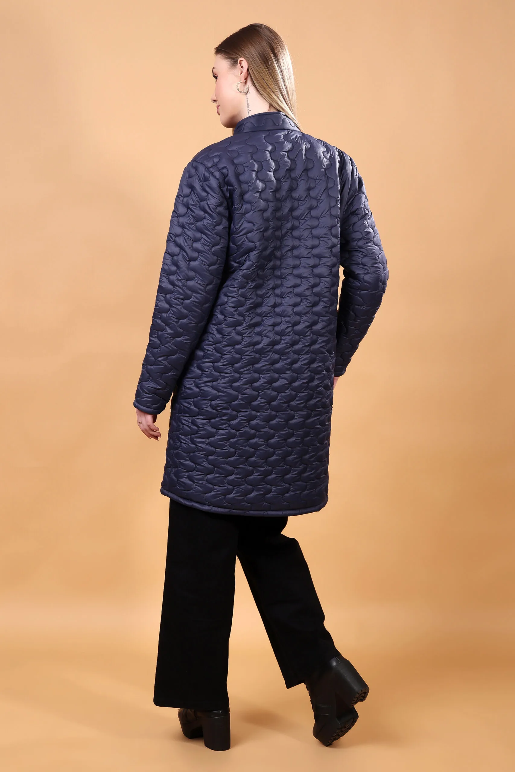 Feyona Polyester Self Design padded Thigh long, Buttons Jacket for Women-Blue - Image 2