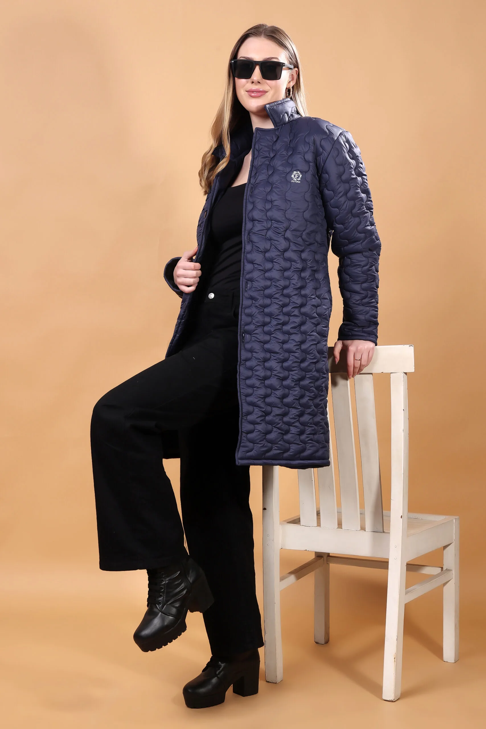 Feyona Polyester Self Design padded Thigh long, Buttons Jacket for Women-Blue - Image 3