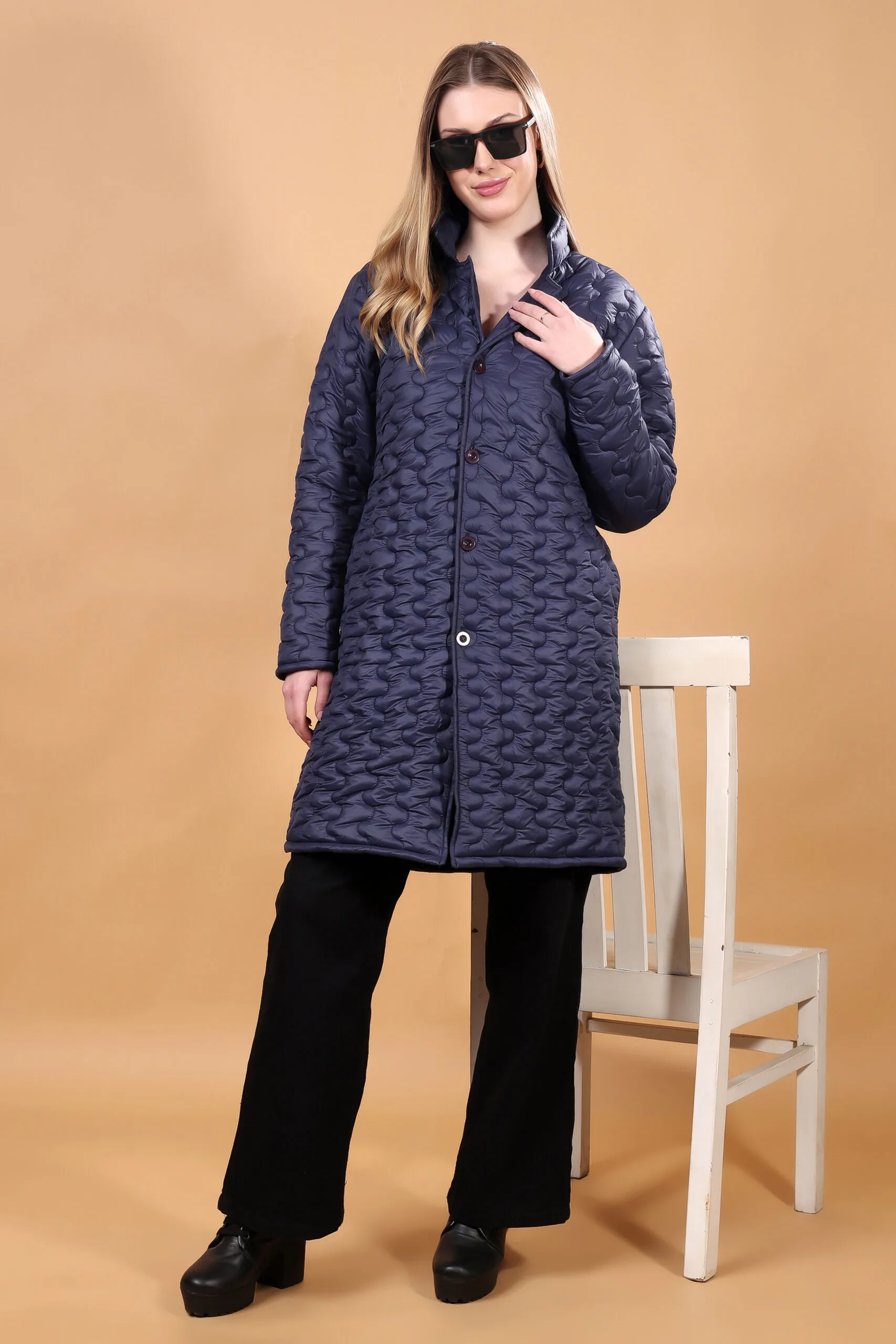 Feyona Polyester Self Design padded Thigh long, Buttons Jacket for Women-Blue - Image 4