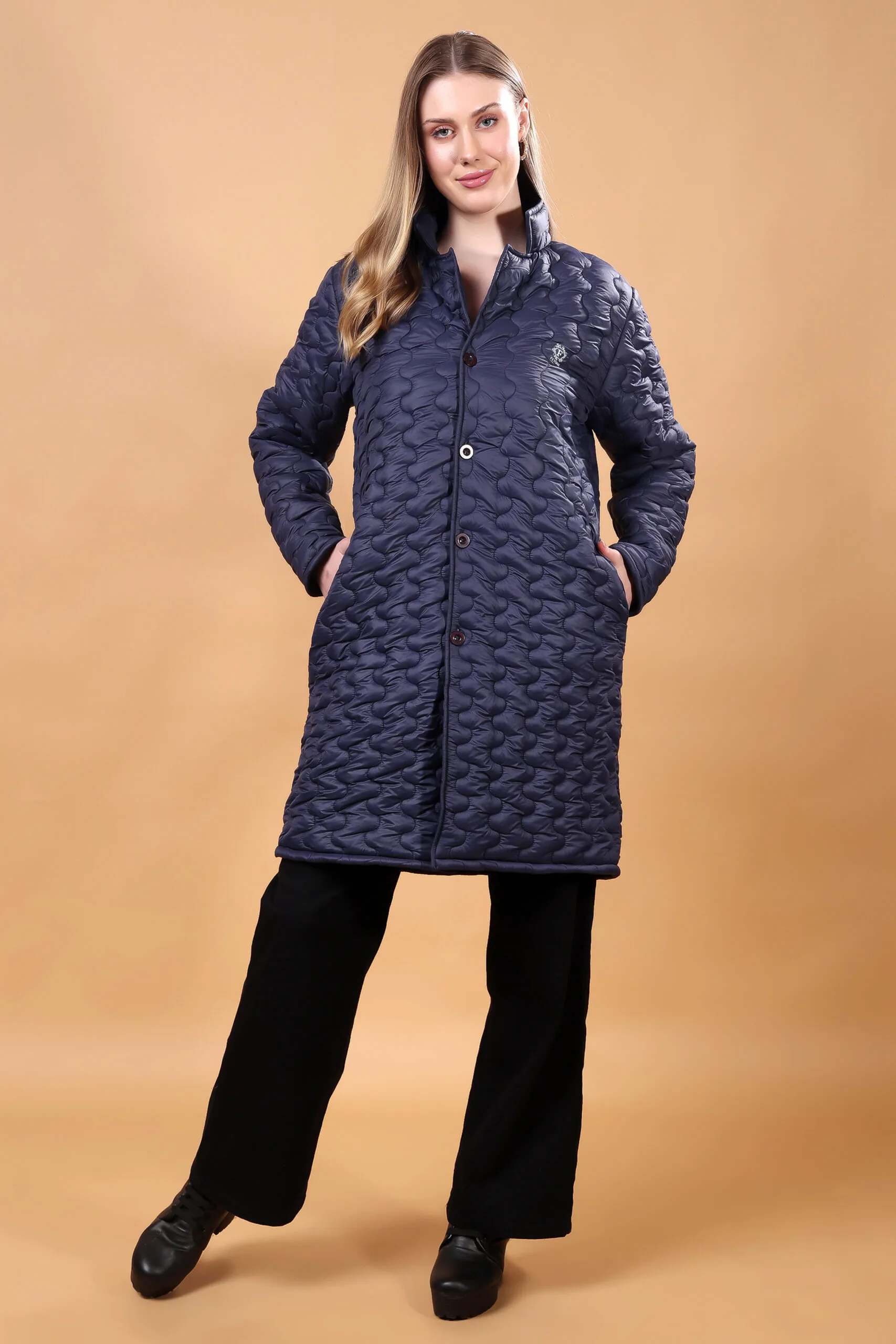 Feyona Polyester Self Design padded Thigh long, Buttons Jacket for Women-Blue - Image 5
