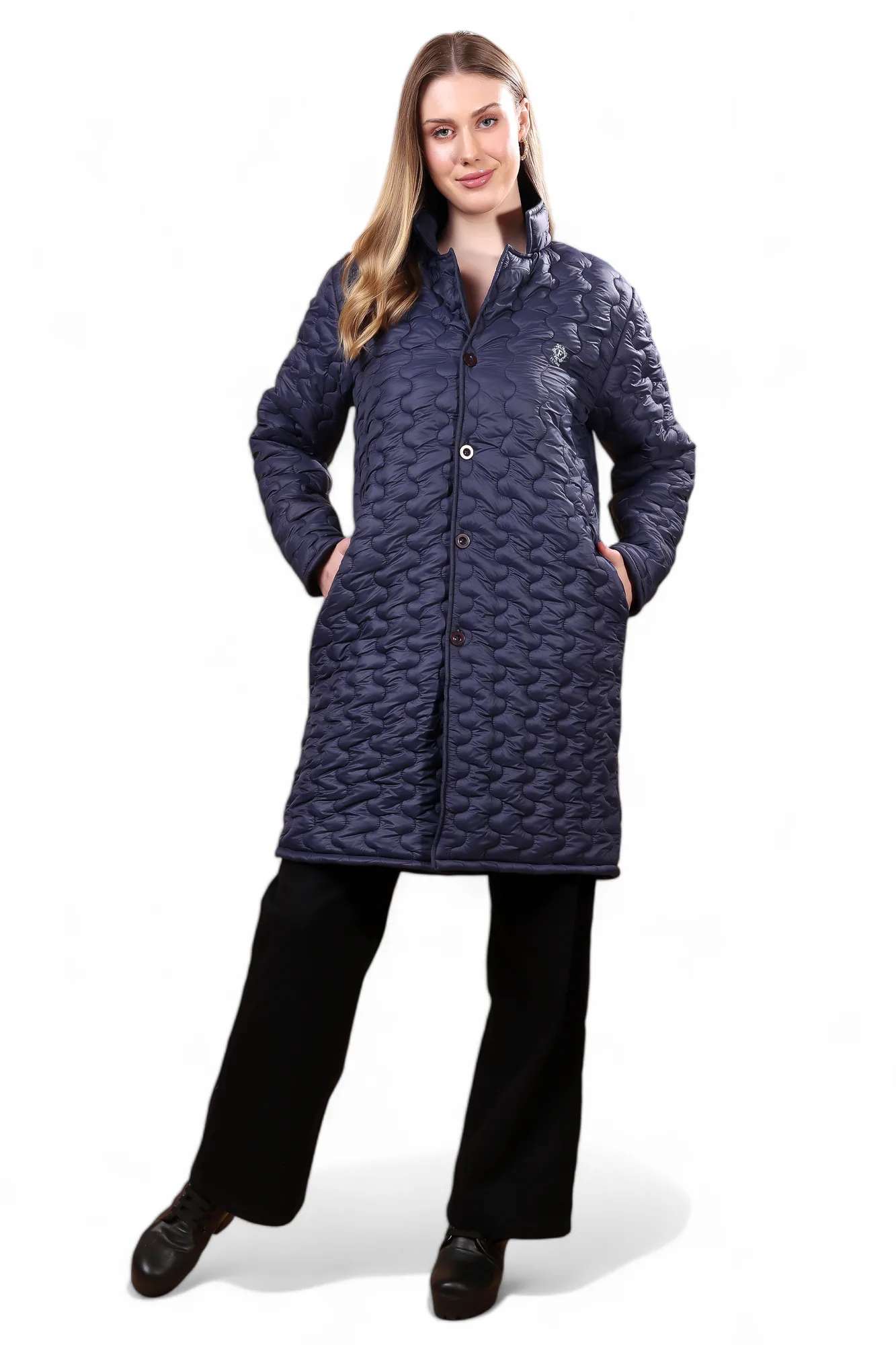 Feyona Polyester Self Design padded Thigh long, Buttons Jacket for Women-Blue