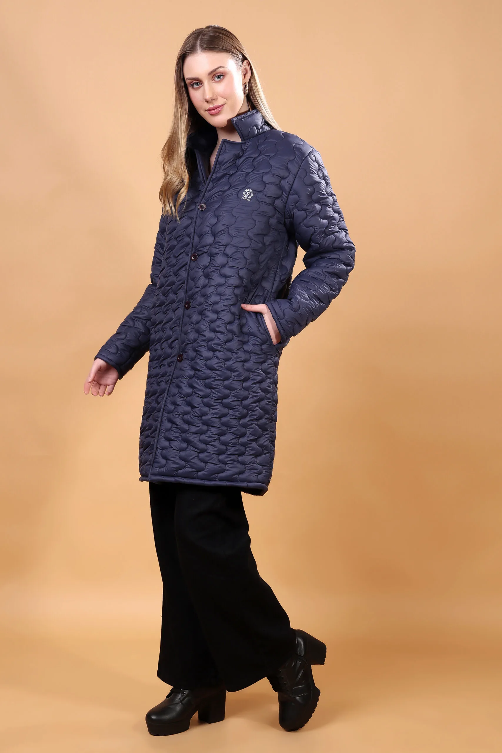 Feyona Polyester Self Design padded Thigh long, Buttons Jacket for Women-Blue - Image 7