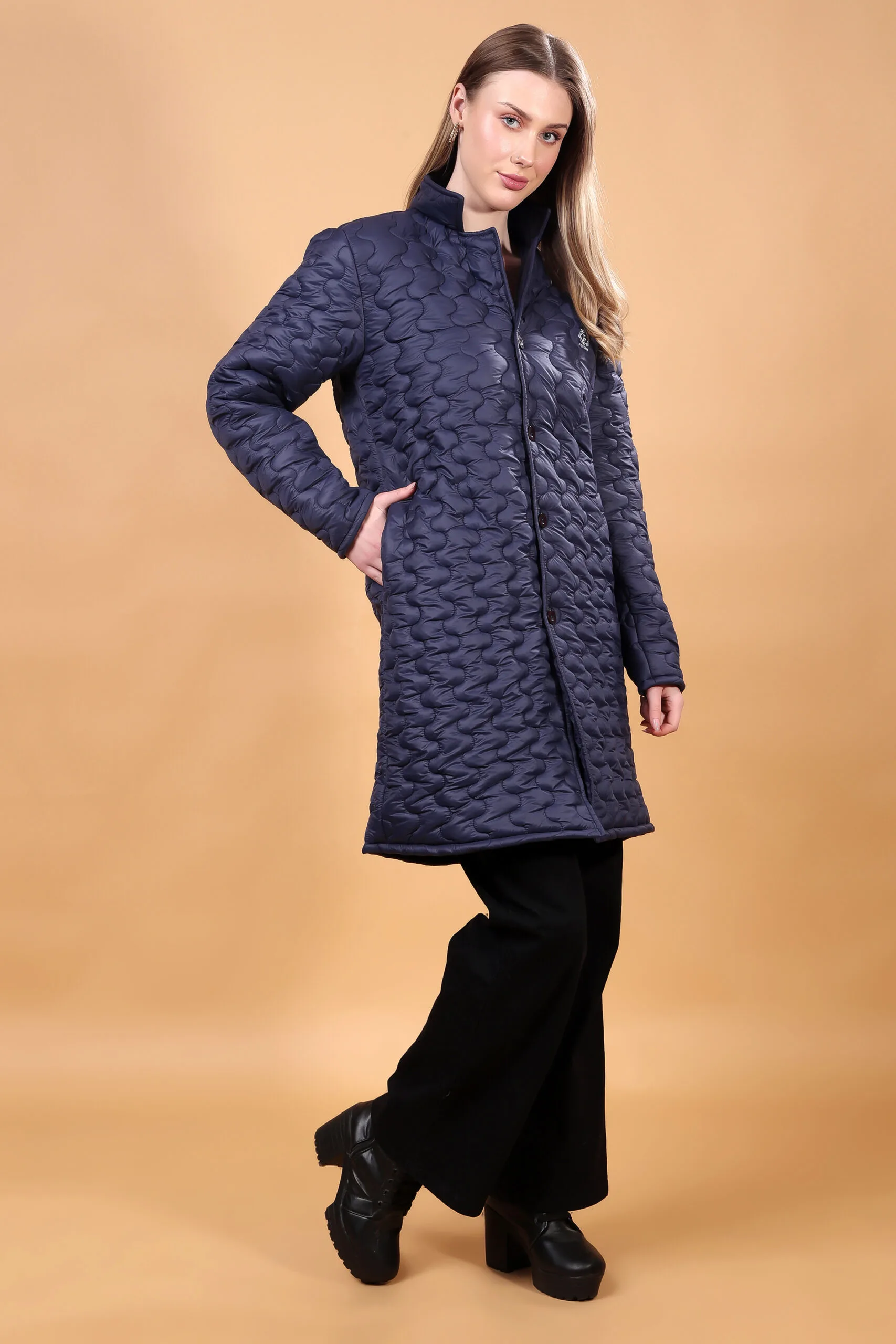 Feyona Polyester Self Design padded Thigh long, Buttons Jacket for Women-Blue - Image 8