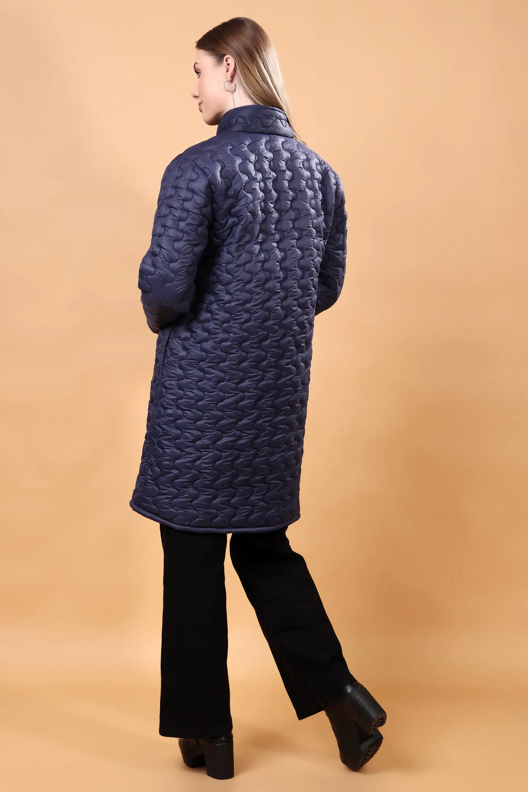 Feyona Polyester Self Design padded Thigh long, zipper Jacket for Women-Blue - Image 8