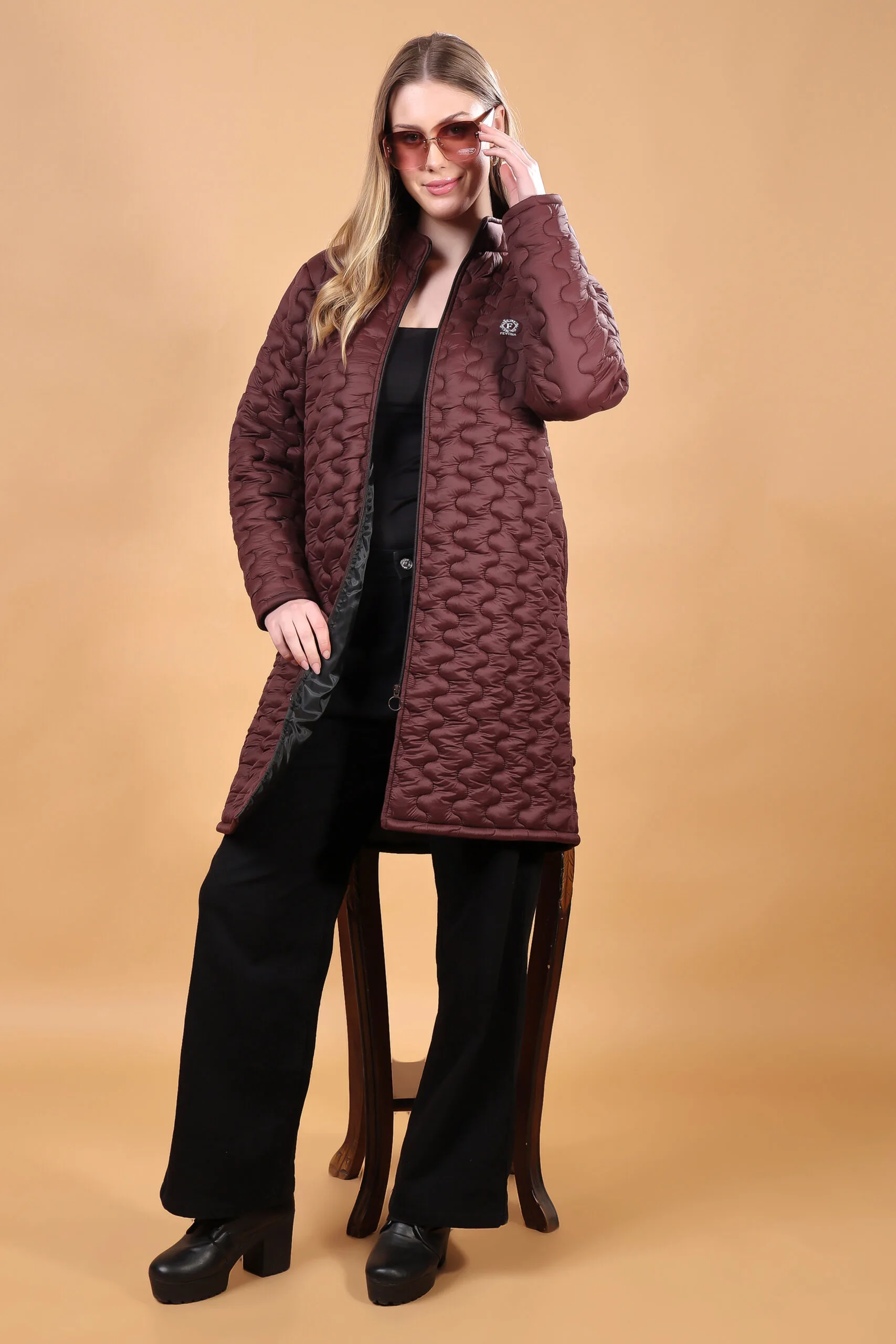 Feyona Polyester Self Design padded Thigh long Jacket for Women-Brown - Image 2