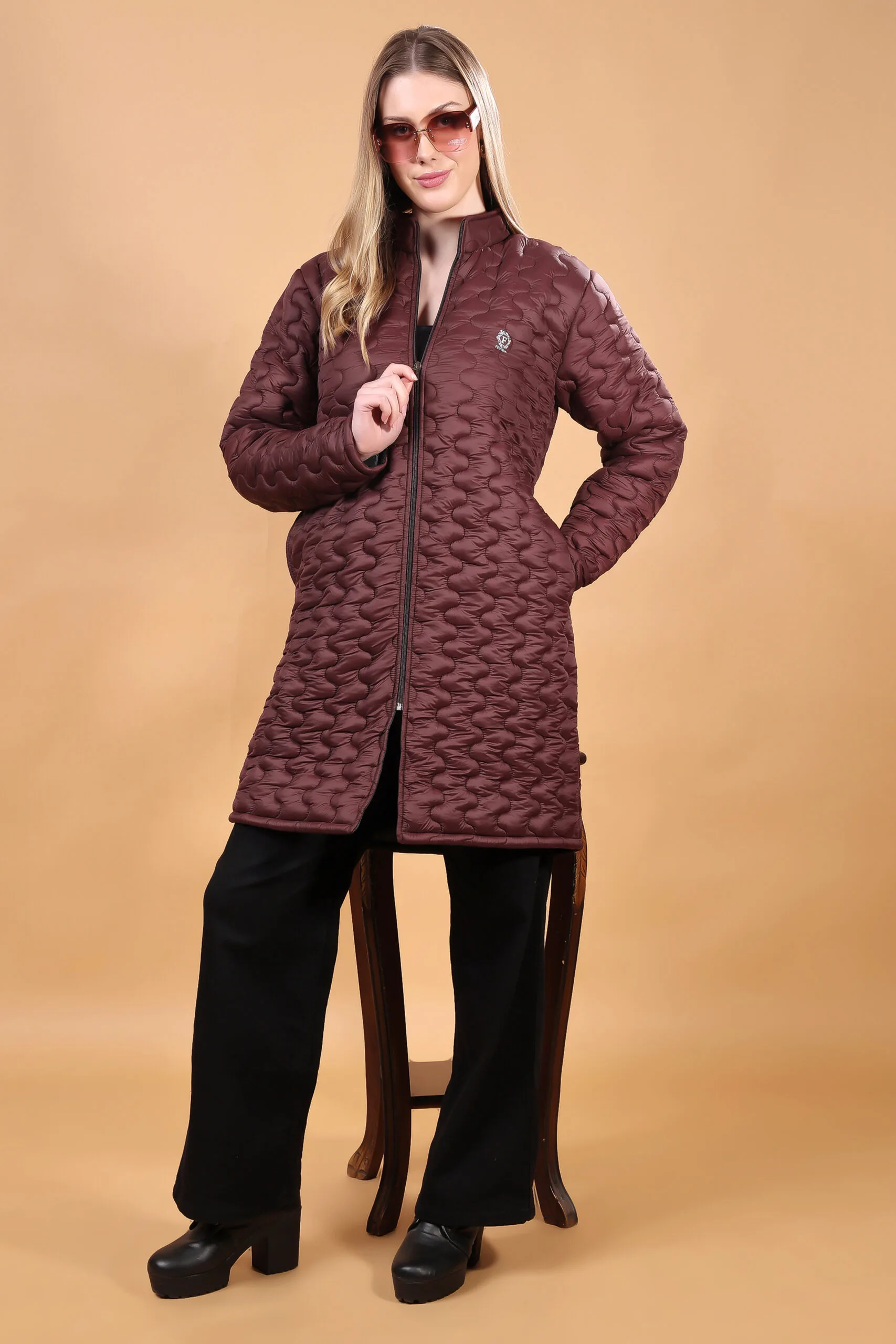 Feyona Polyester Self Design padded Thigh long Jacket for Women-Brown - Image 3