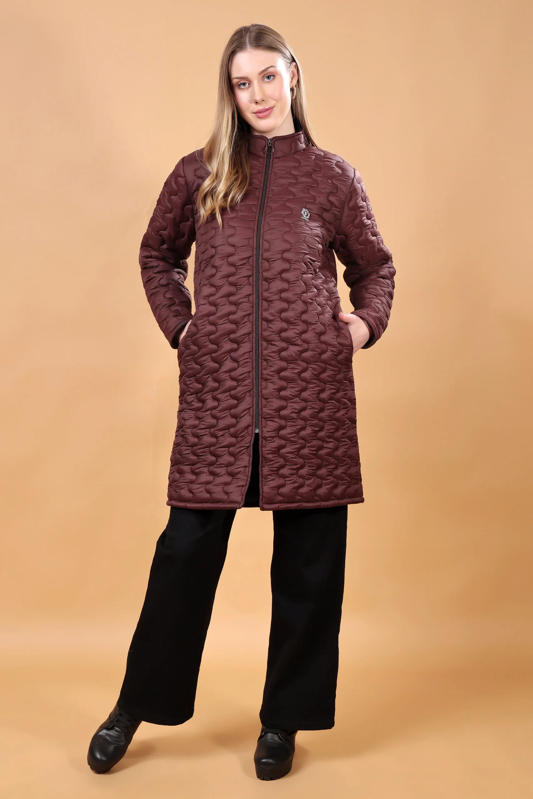 Feyona Polyester Self Design padded Thigh long Jacket for Women-Brown - Image 4