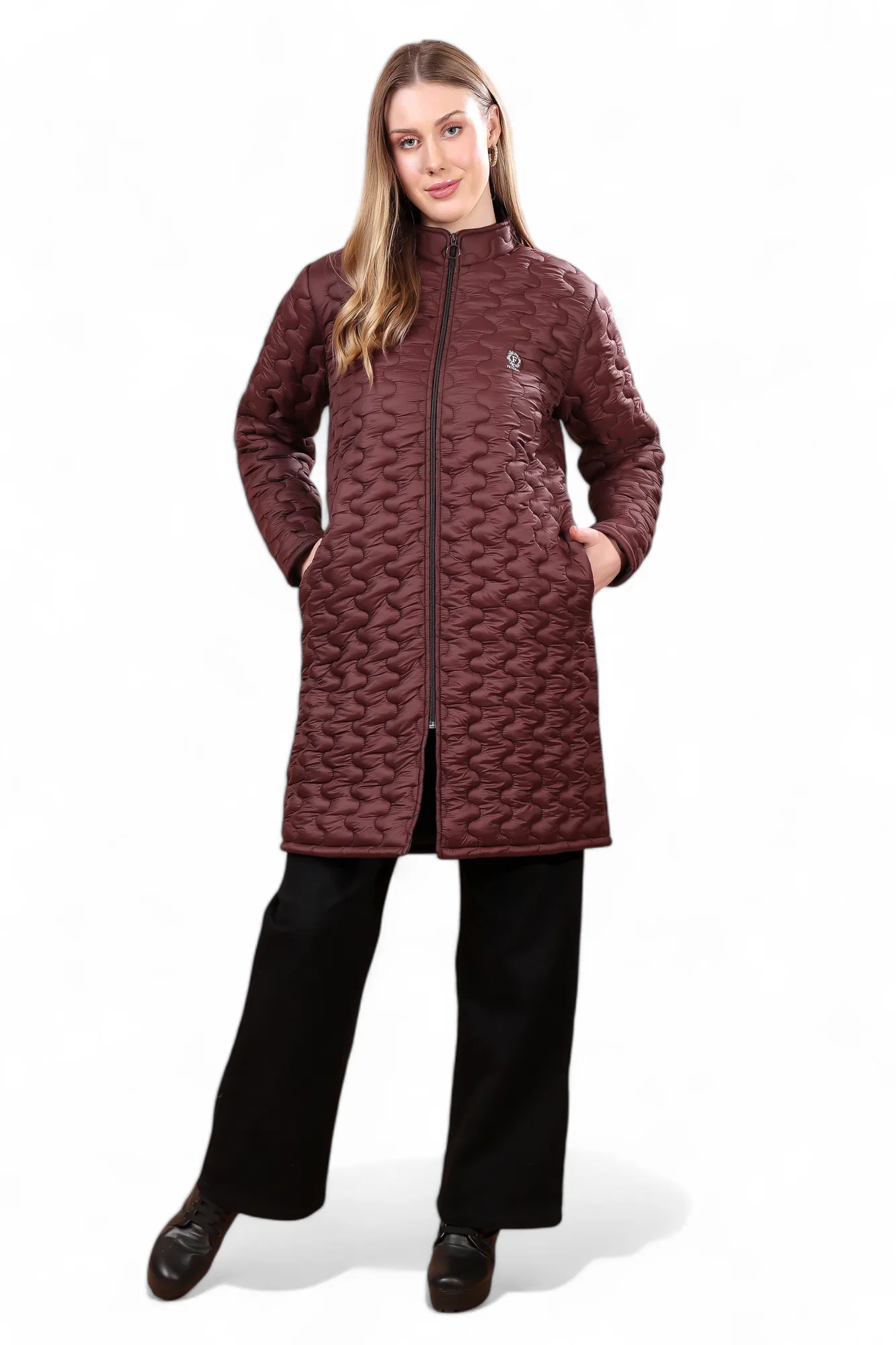 Feyona Polyester Self Design padded Thigh long Jacket for Women-Brown