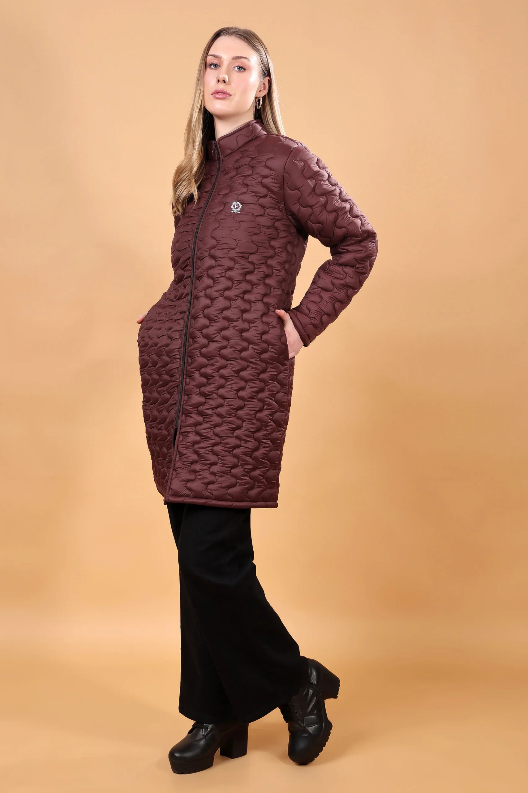Feyona Polyester Self Design padded Thigh long Jacket for Women-Brown - Image 5