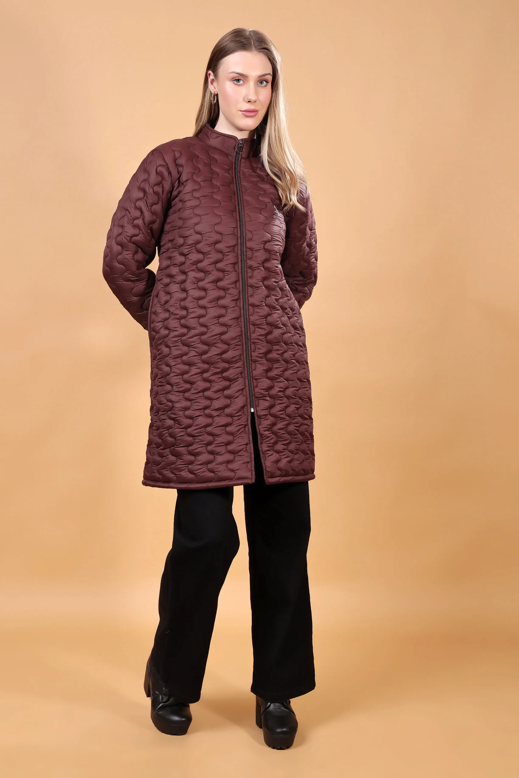 Feyona Polyester Self Design padded Thigh long Jacket for Women-Brown - Image 6