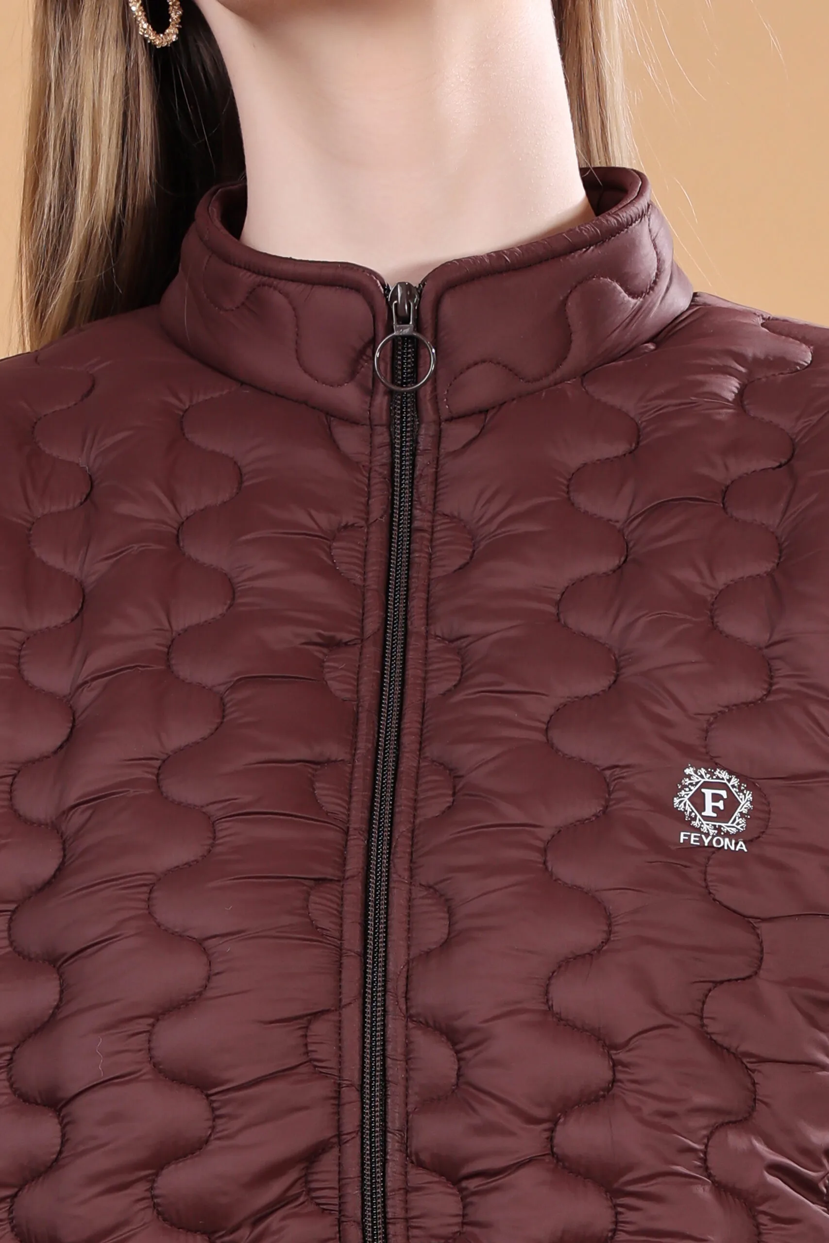 Feyona Polyester Self Design padded Thigh long Jacket for Women-Brown - Image 7