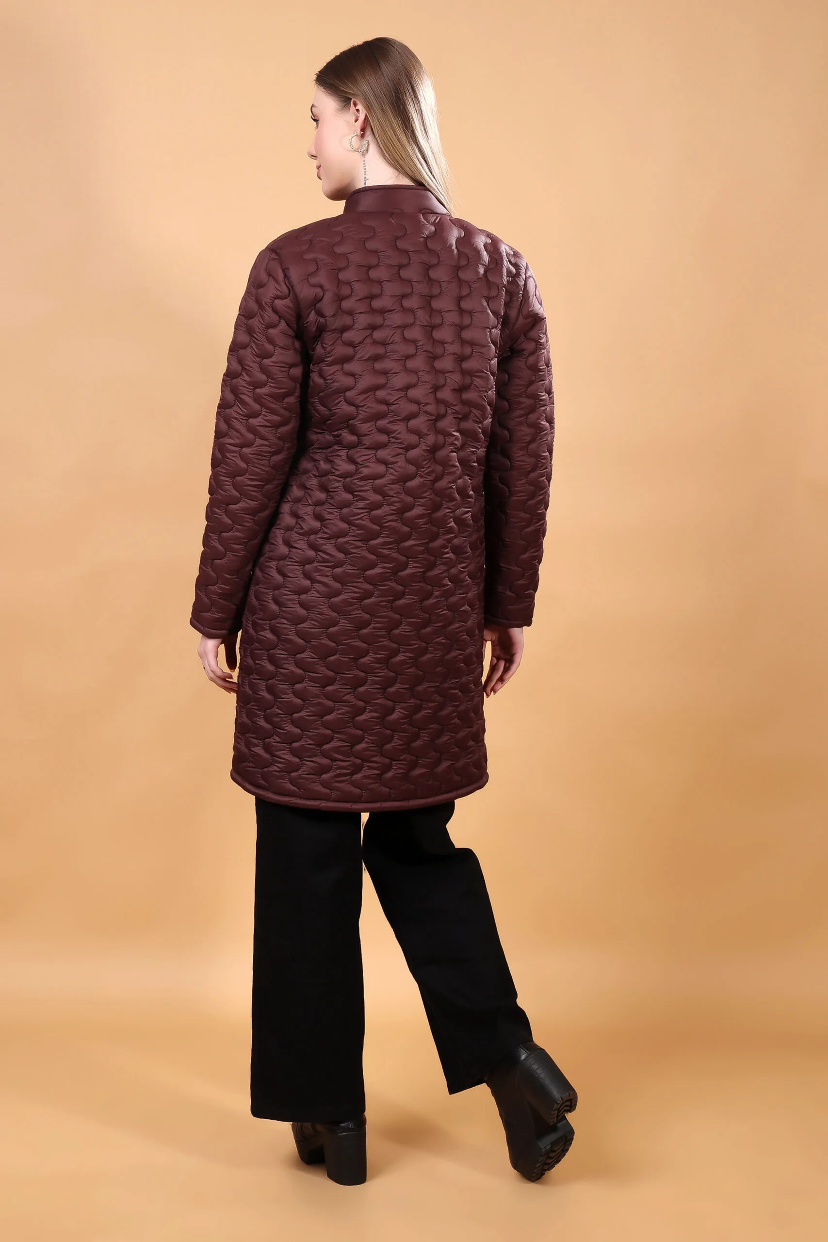 Feyona Polyester Self Design padded Thigh long Jacket for Women-Brown - Image 8