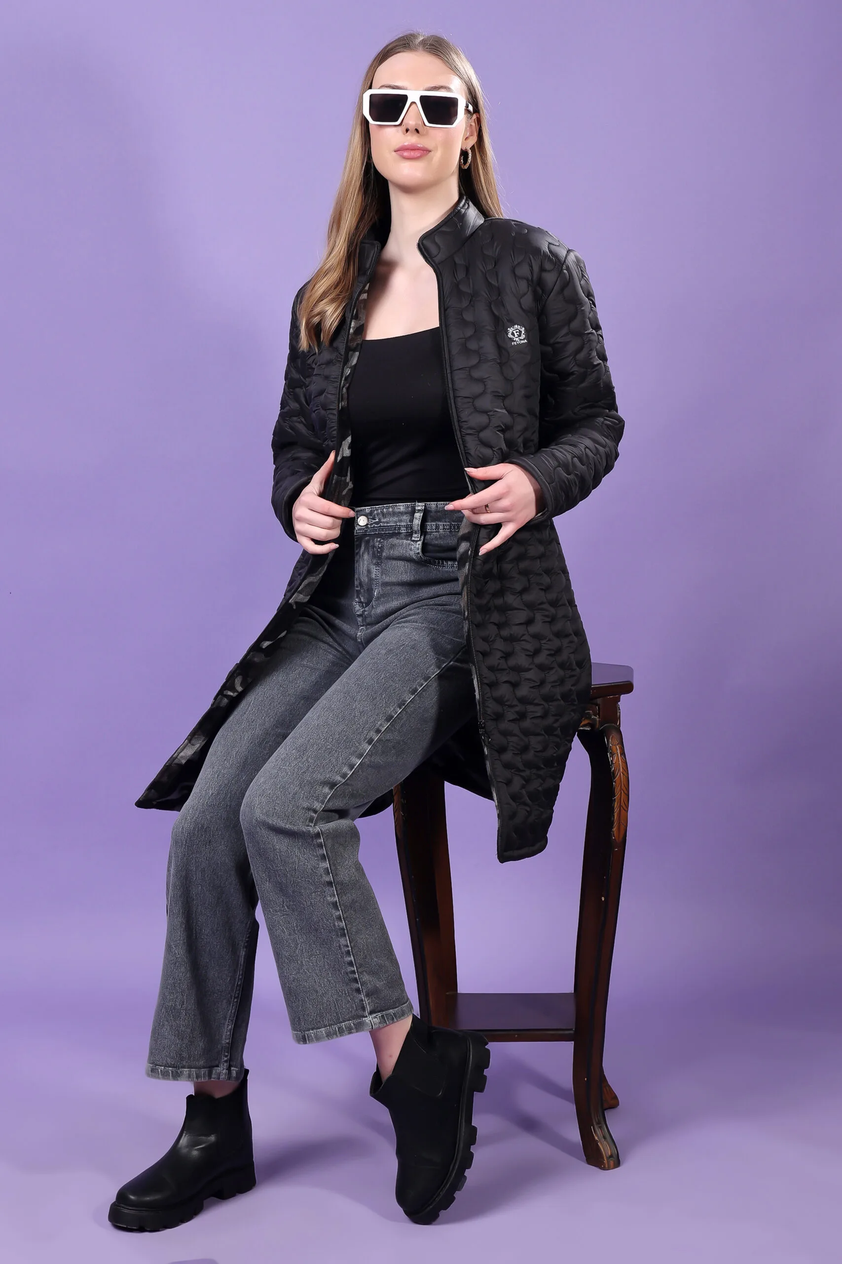 Feyona Polyester Self Design padded Thigh long Jacket for Women-Black - Image 2