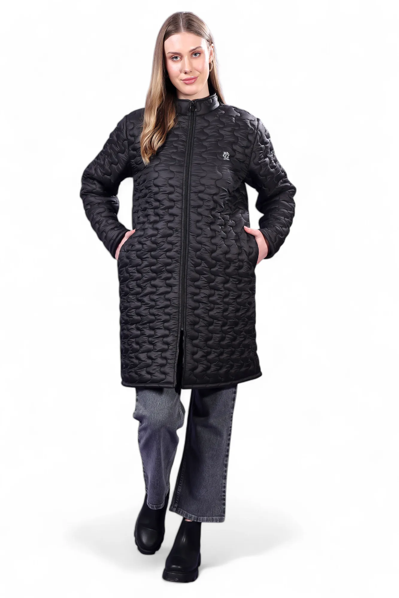 Feyona Polyester Self Design padded Thigh long Jacket for Women-Black