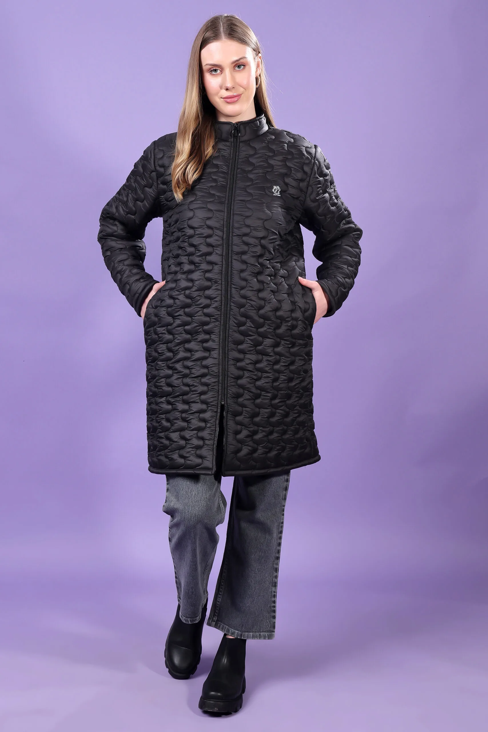 Feyona Polyester Self Design padded Thigh long Jacket for Women-Black - Image 4