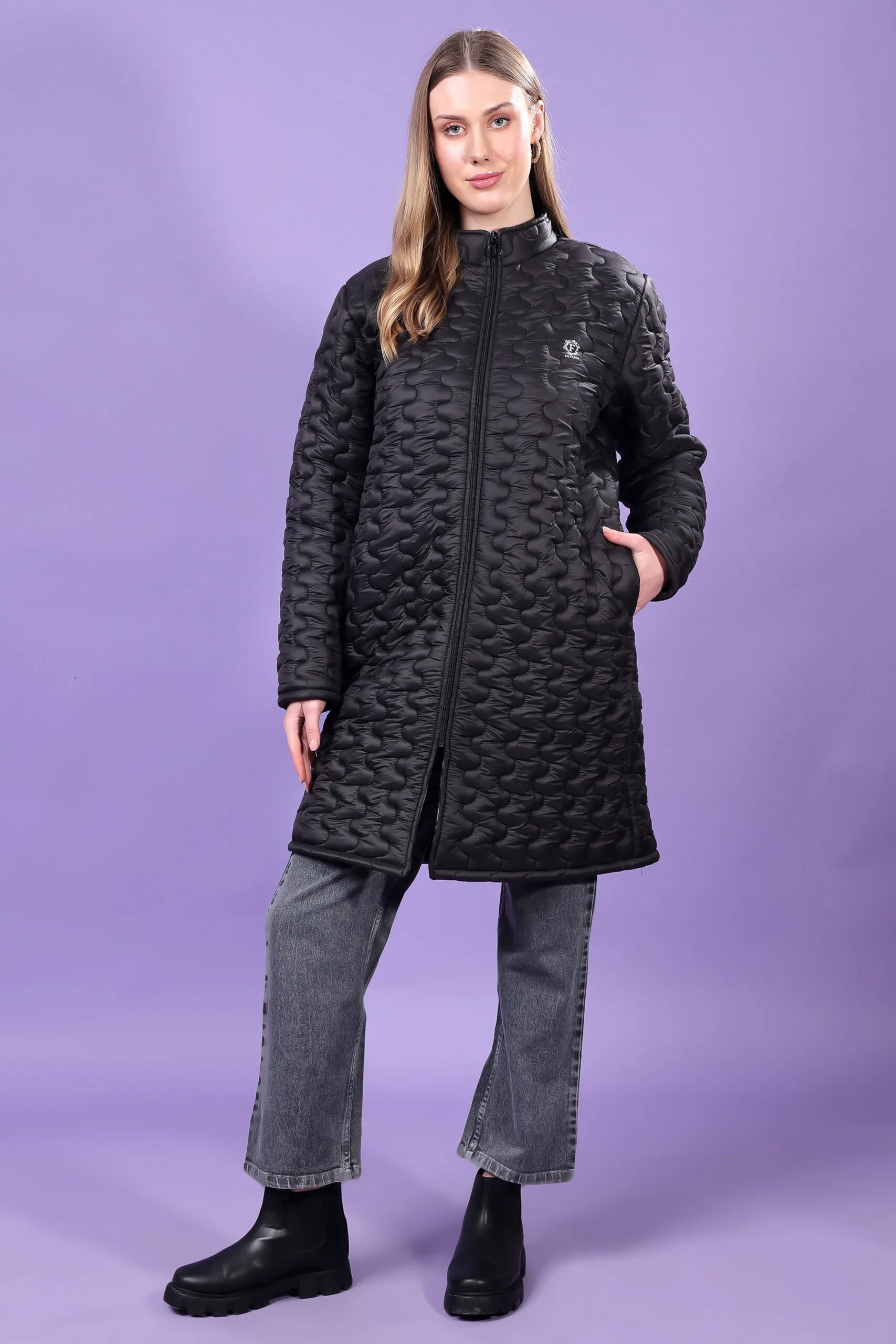 Feyona Polyester Self Design padded Thigh long Jacket for Women-Black - Image 5