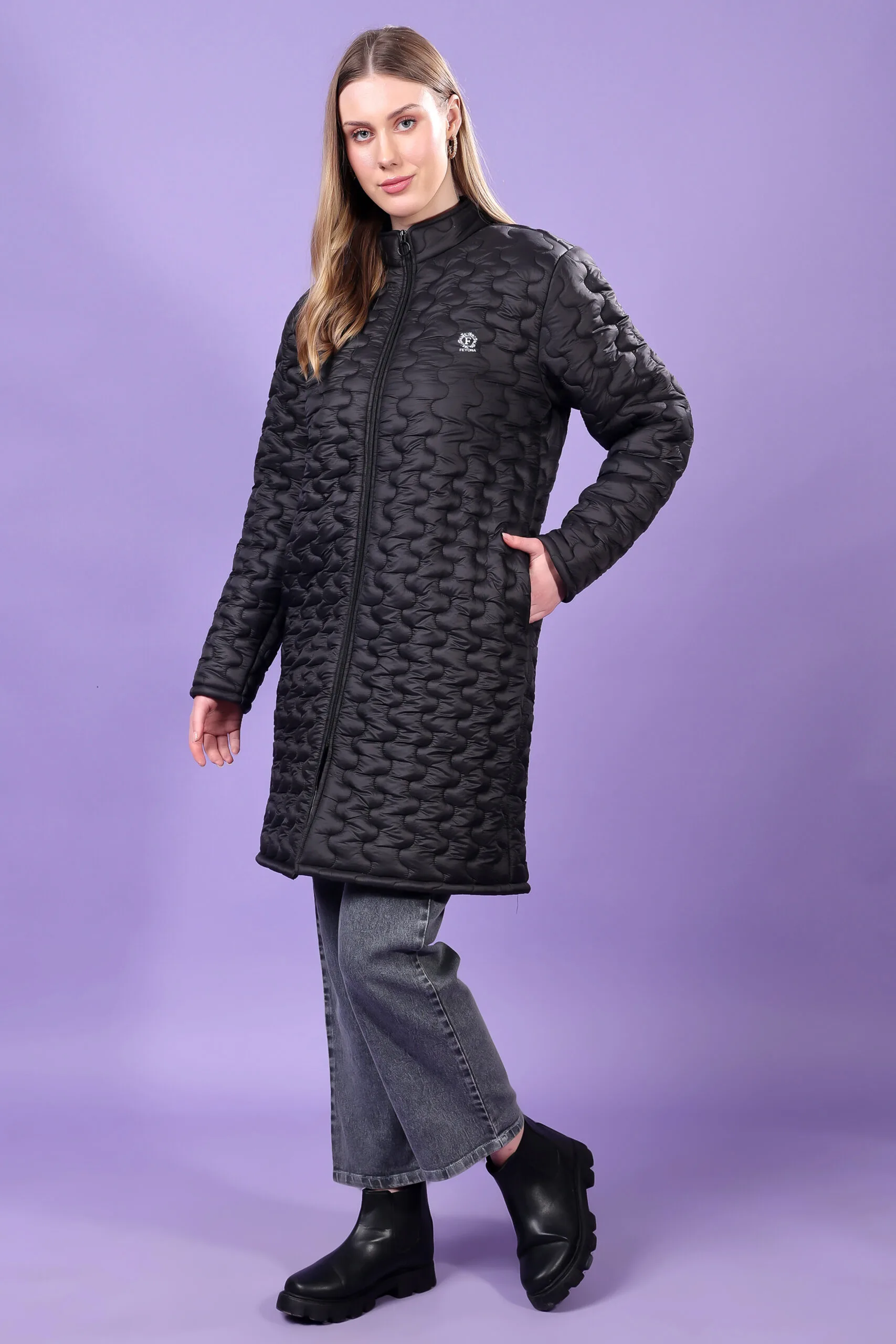 Feyona Polyester Self Design padded Thigh long Jacket for Women-Black - Image 6