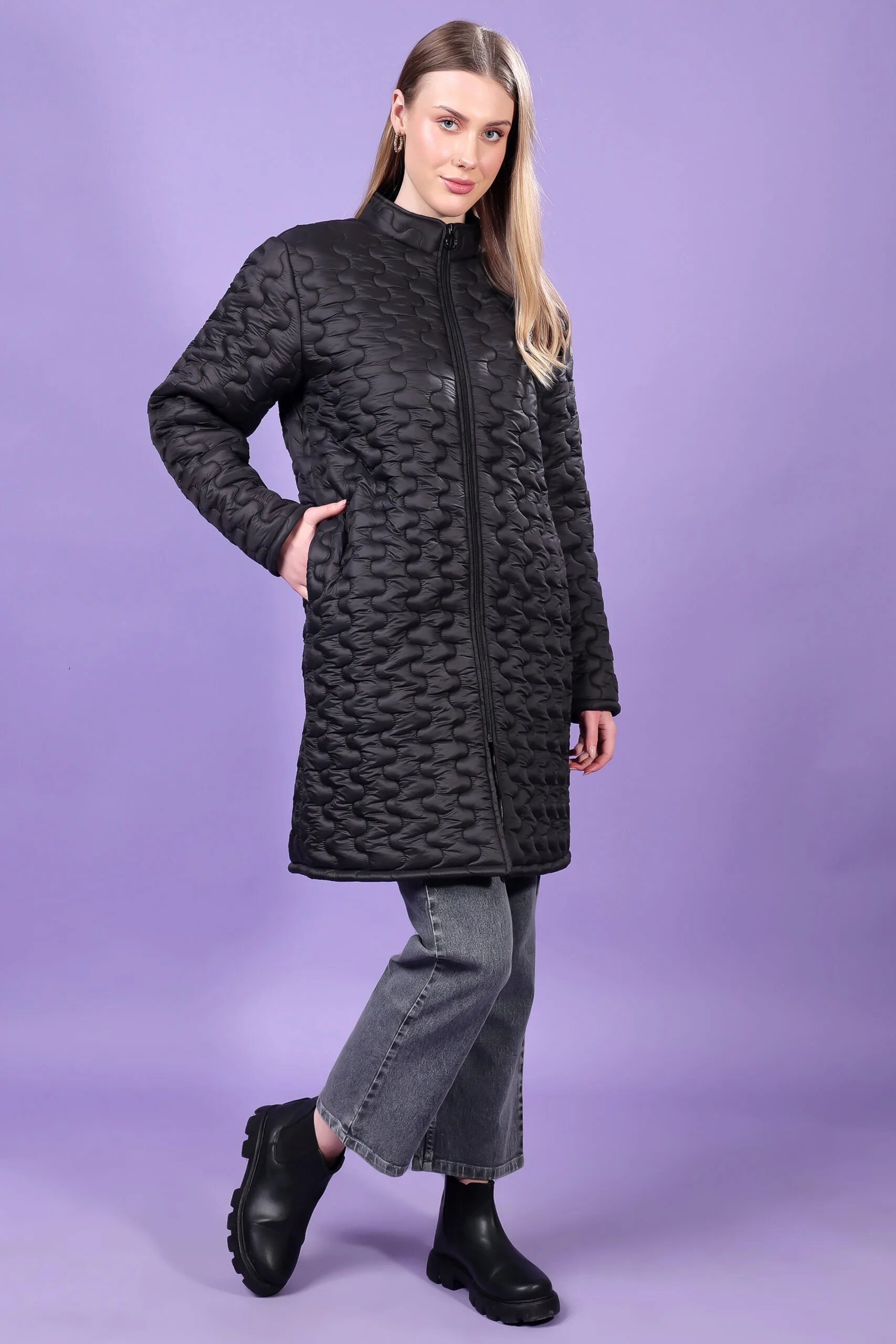 Feyona Polyester Self Design padded Thigh long Jacket for Women-Black - Image 7